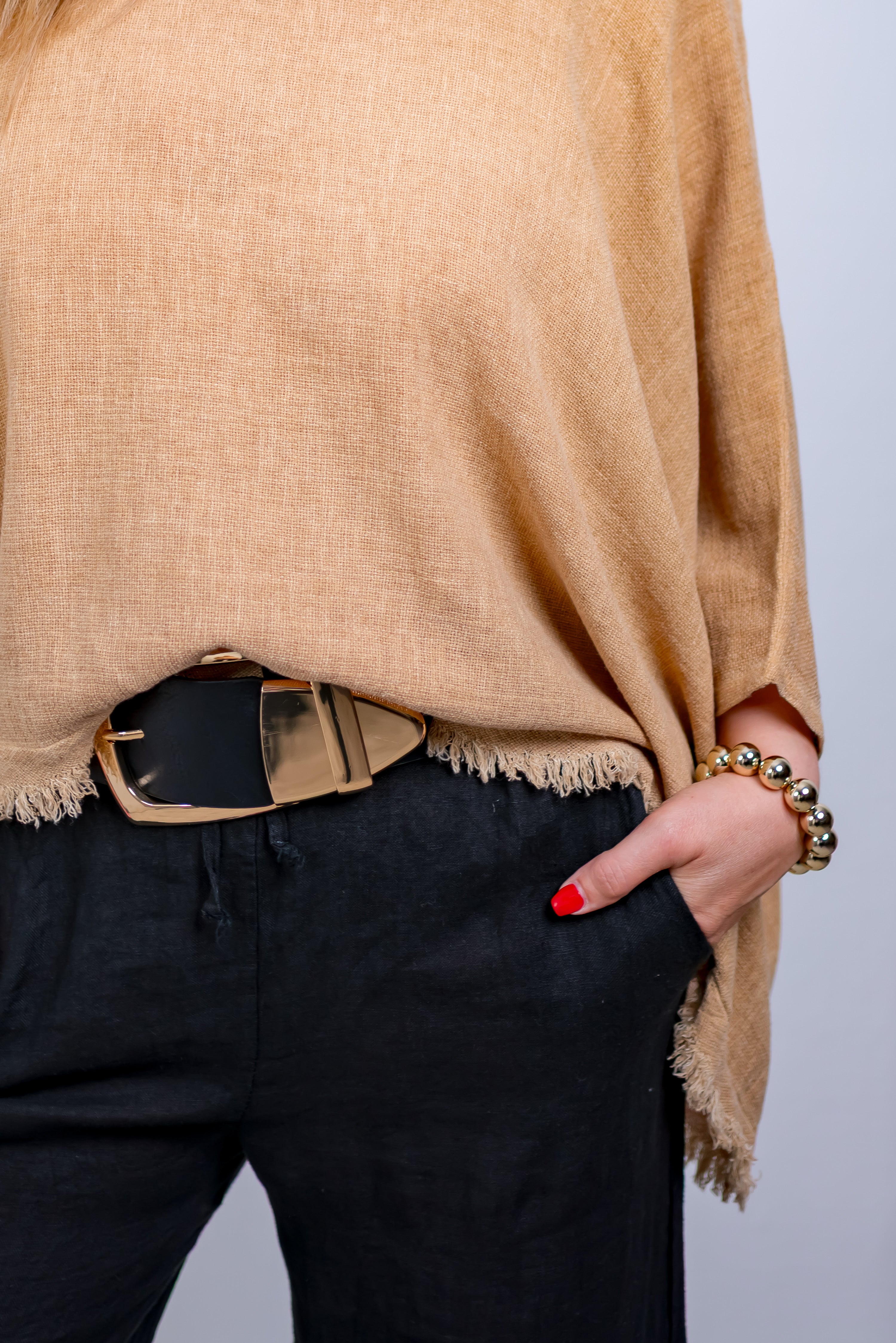 Oversize-Leinenshirt mit Fransen, camel