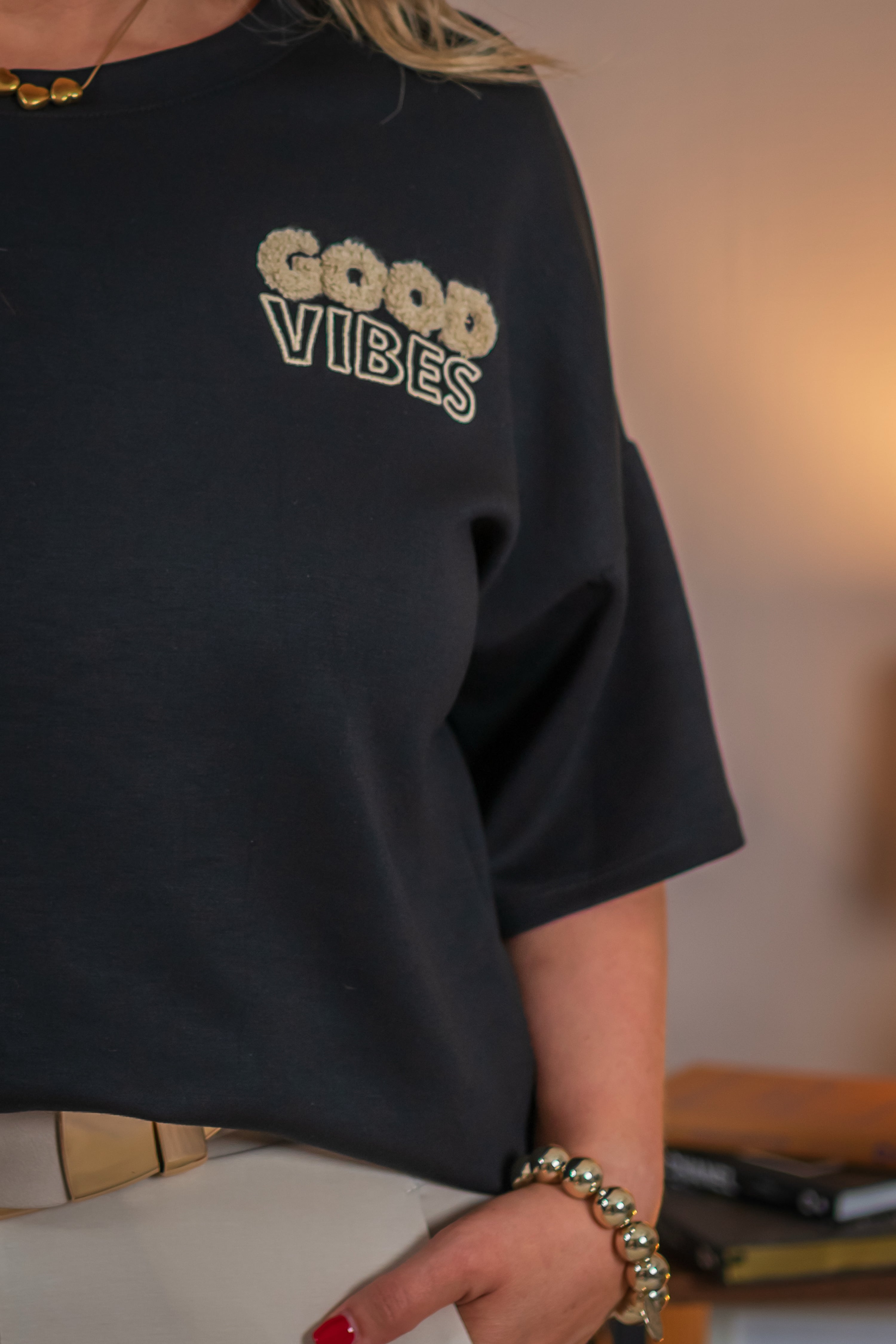 Weiches Sweatshirt mit halben Arm, schwarz