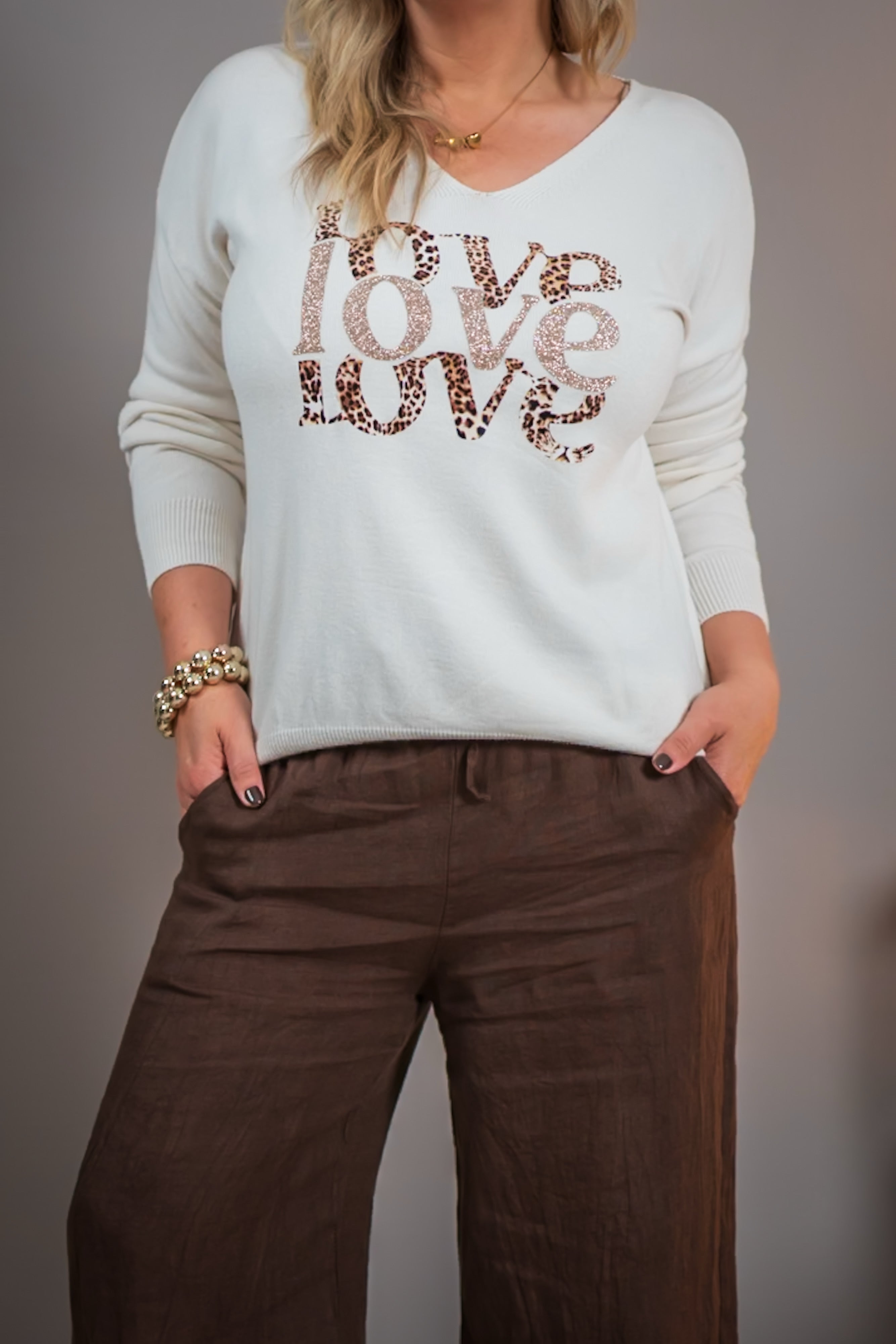 Strickpullover in Beige mit Aufdruck