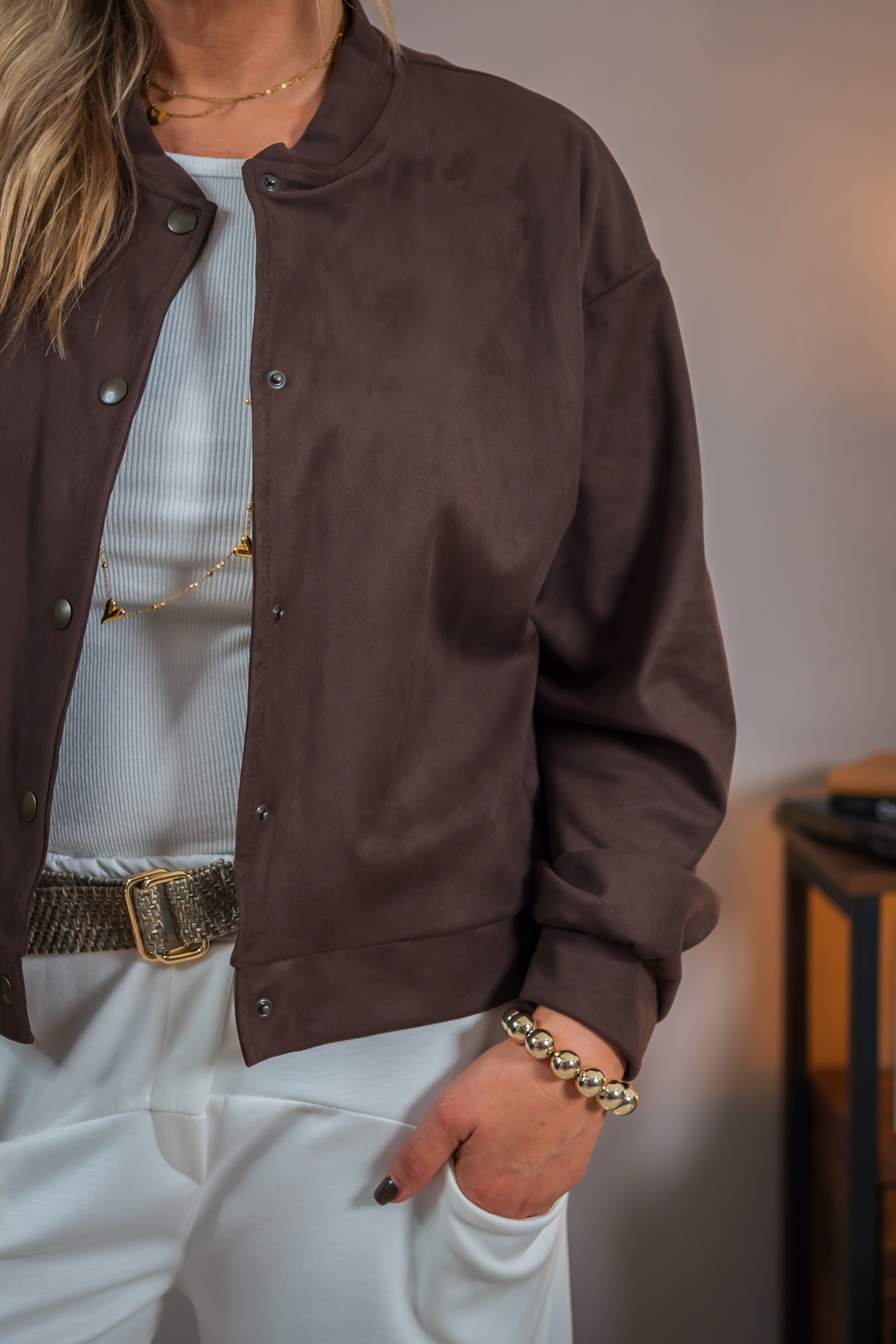 Blouson in Wildlederoptik, schokobraun