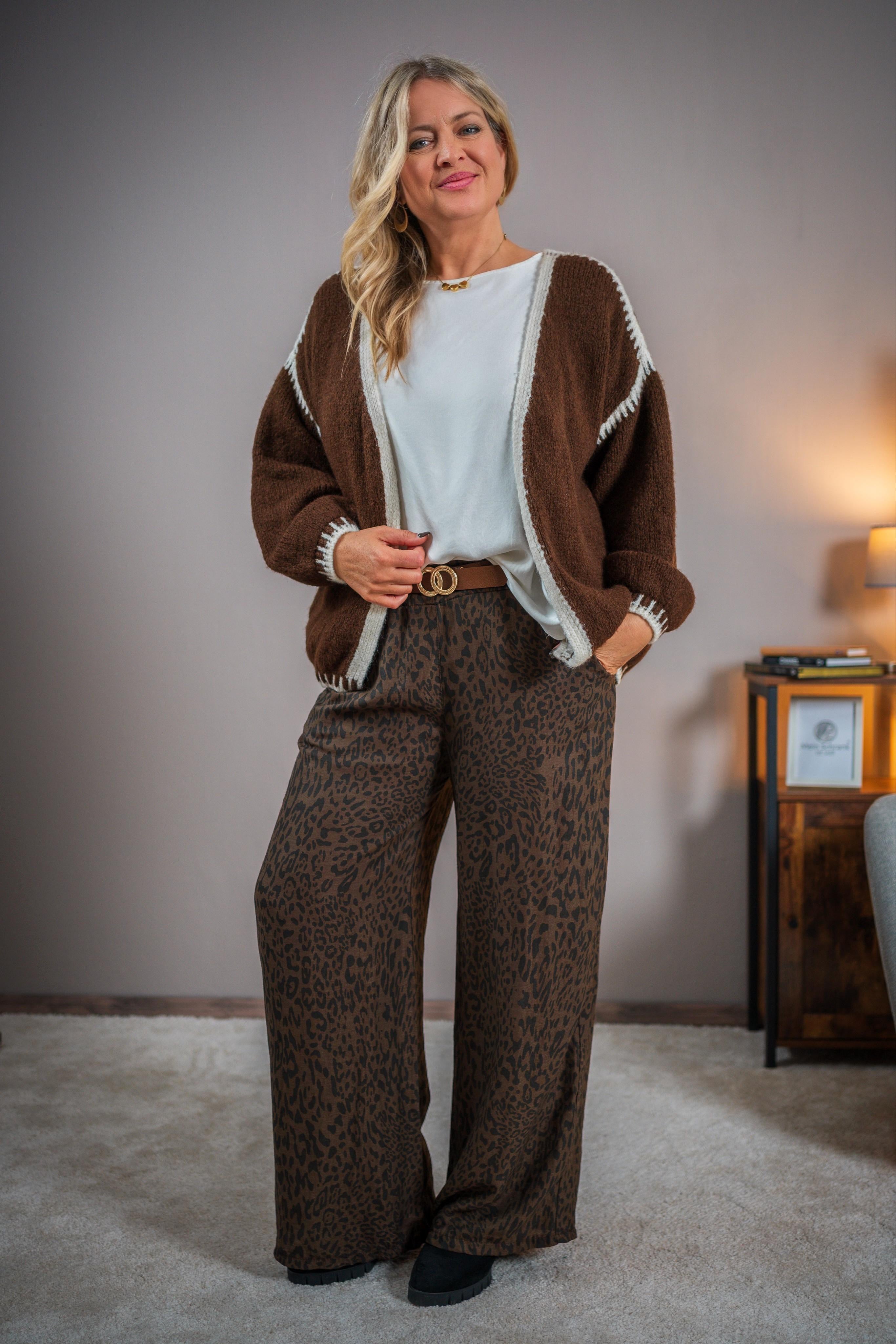 Oversize-Strickjacke, schokobraun-weiß