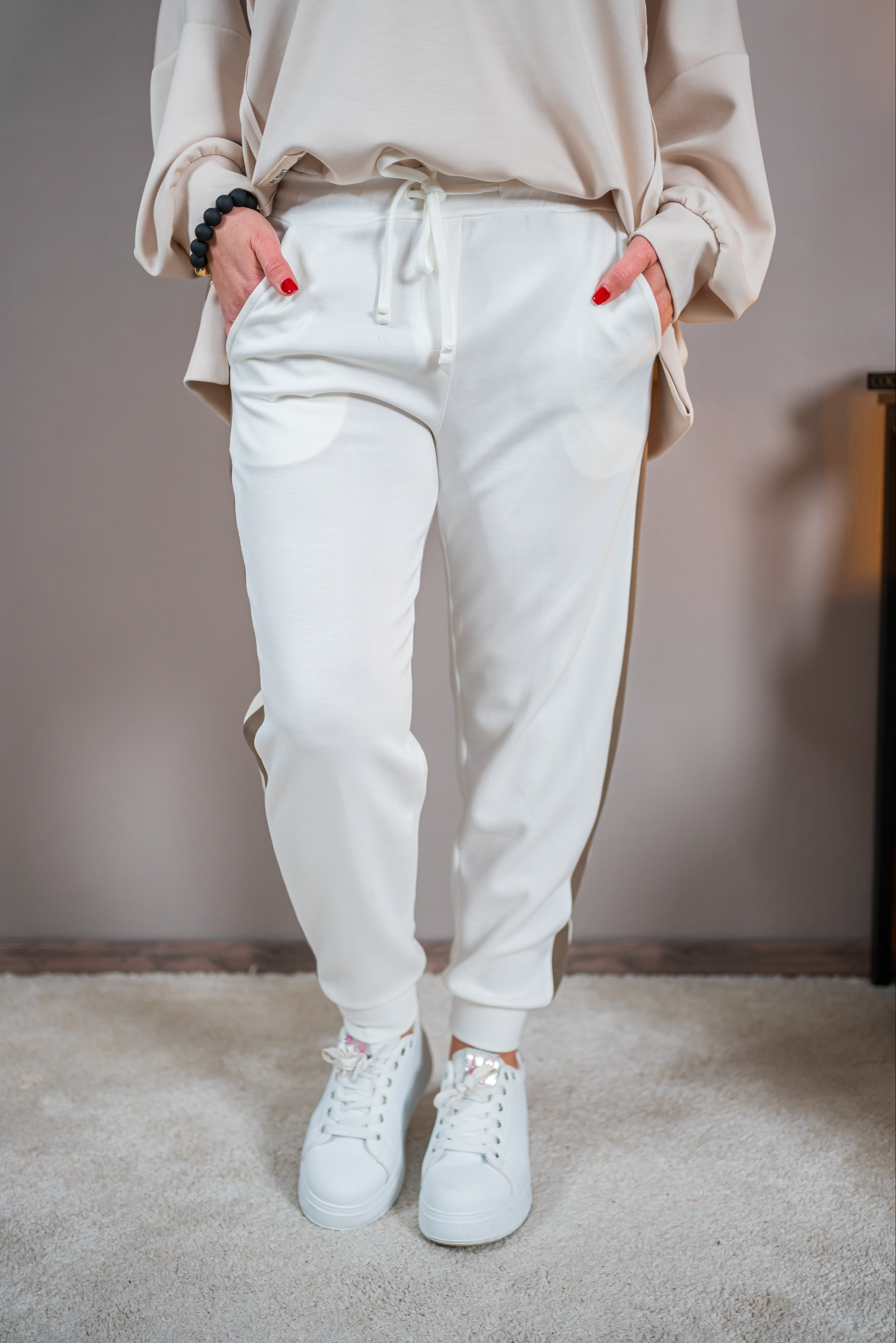 Sweathose mit Streifen, weiß/creme/taupe