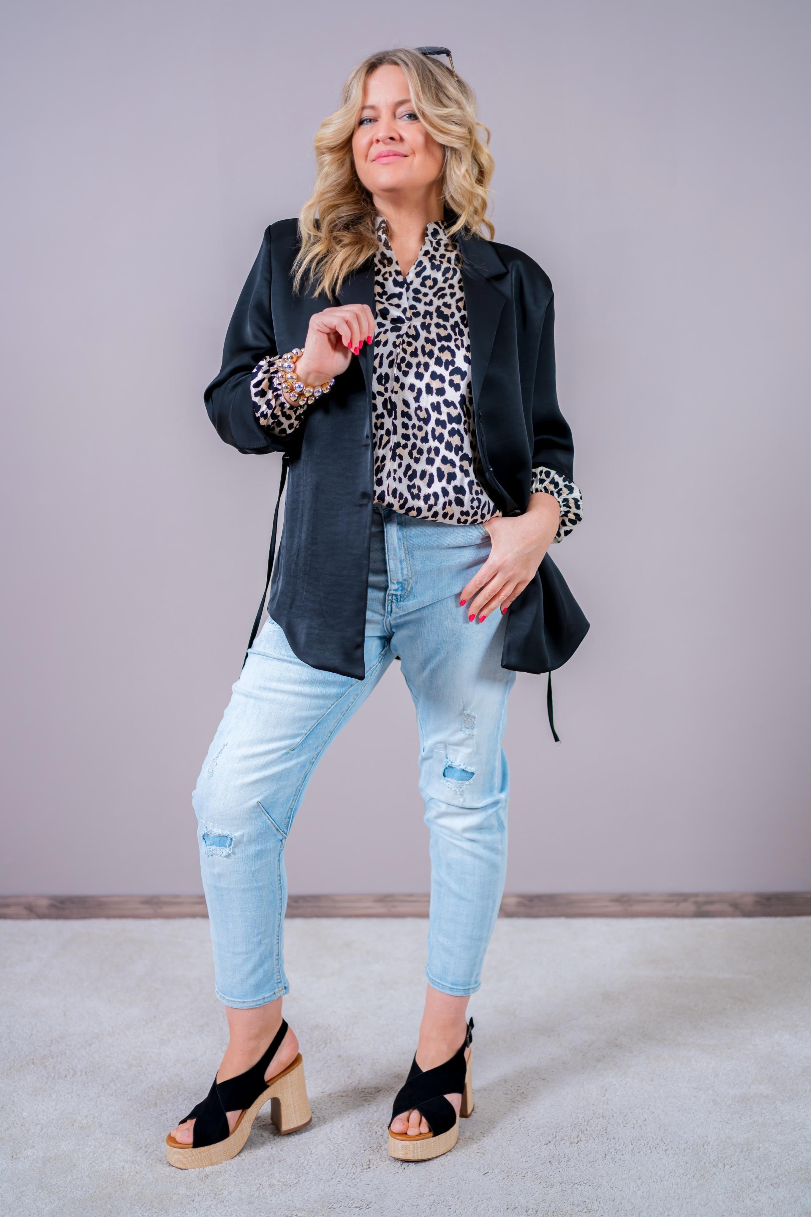Blazer in Satin-Optik mit Bindeband, schwarz