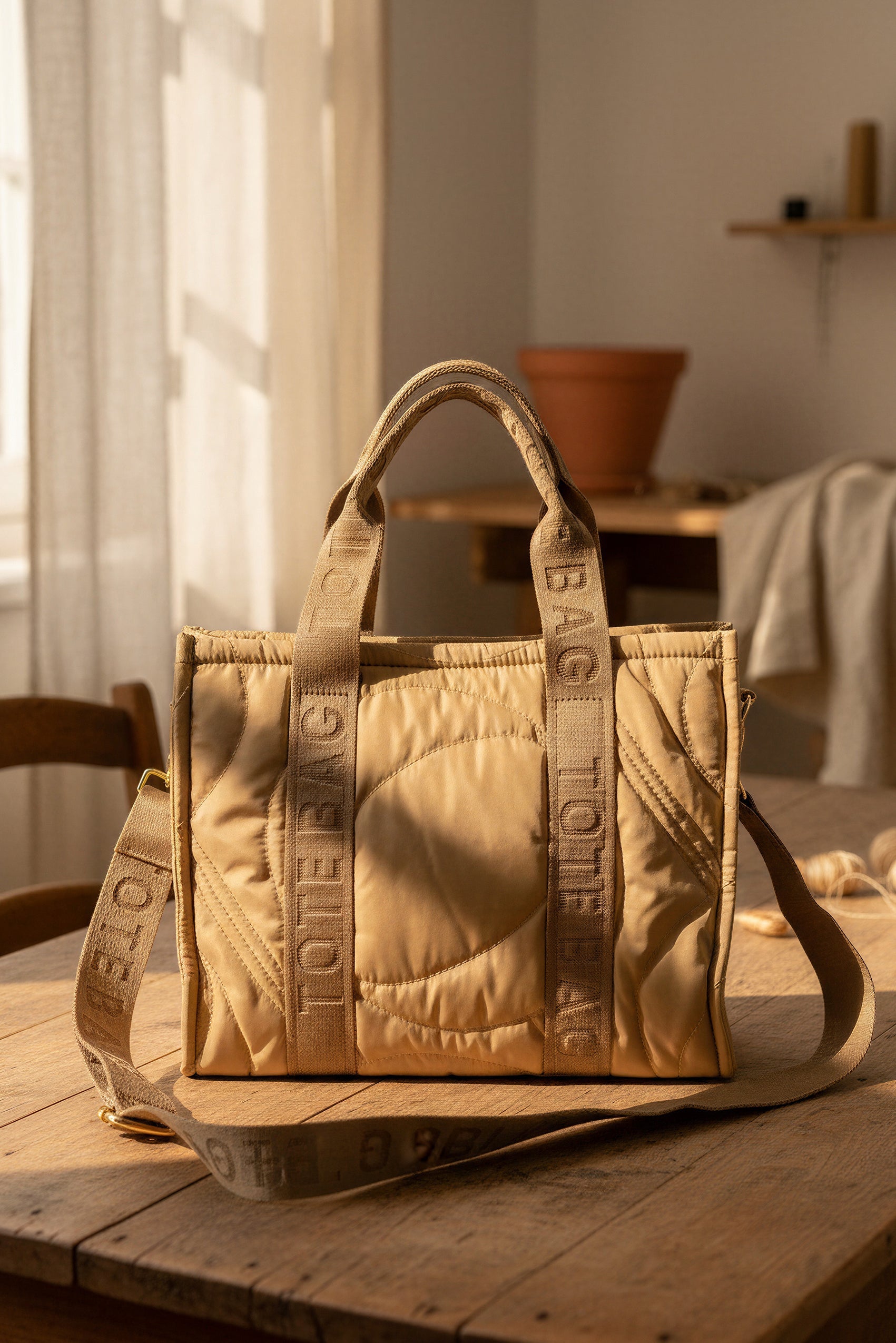 Gesteppte Tote Bag in Camel