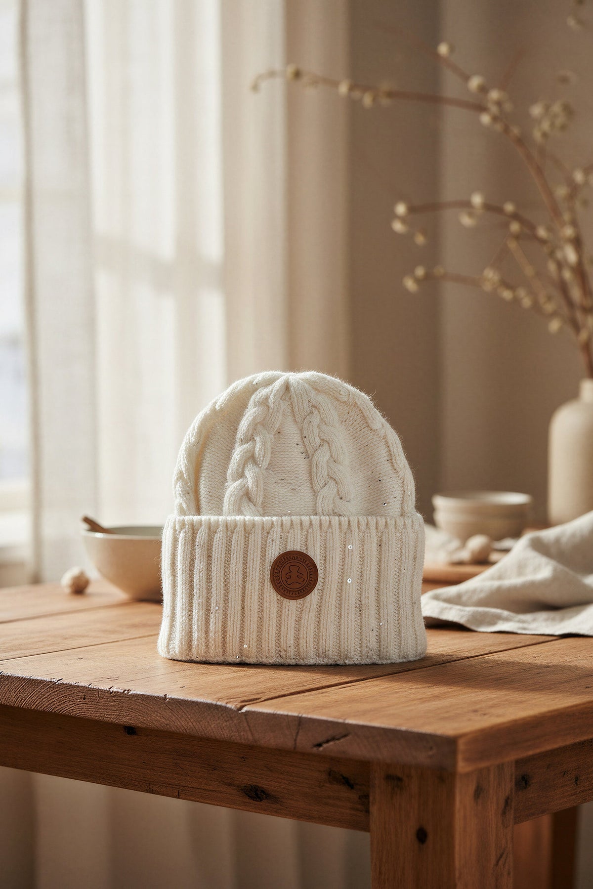 Gestrickte Mütze mit dezentem Glitzer und breitem Umschlag, creme