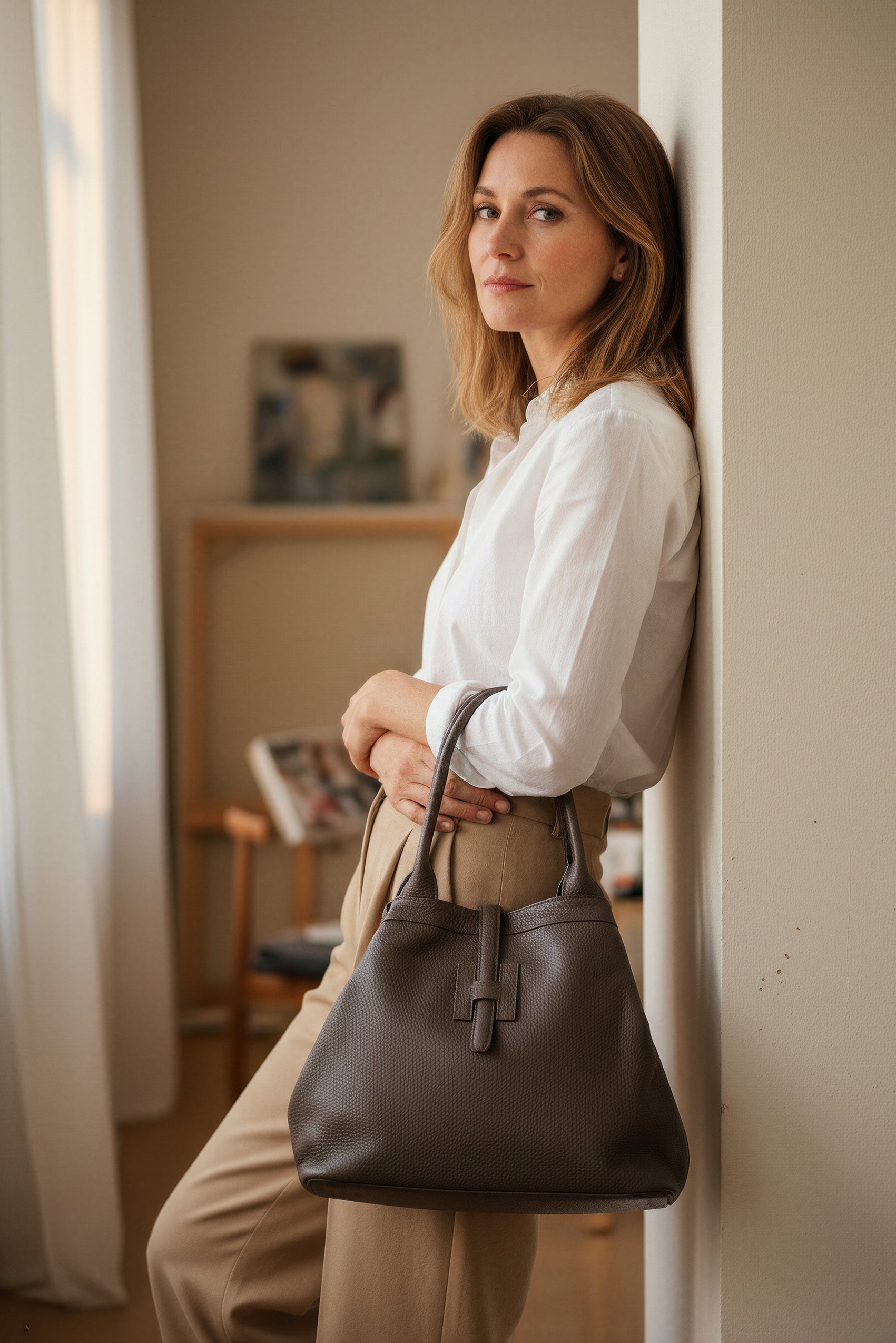 Shopper aus genarbtem Echt-Leder in Dunkelbraun