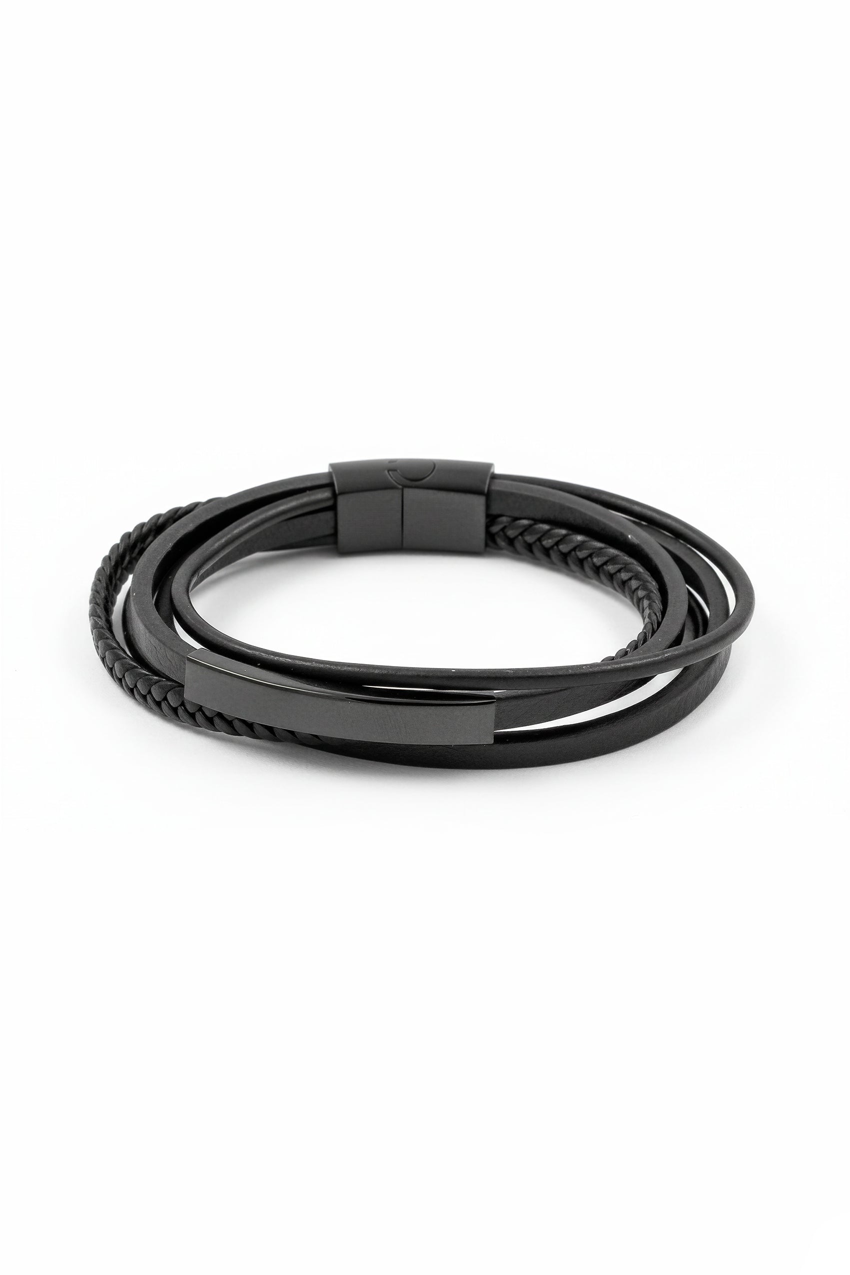 Herren Kunstlederarmband in Schwarz mit glatten und geflochtenen Strängen