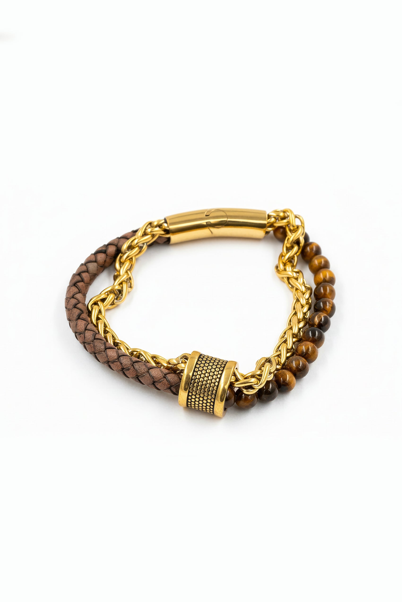 Herrenarmband Goldoptik mit Tigerauge-Perlen, Kette und geflochtenem Band