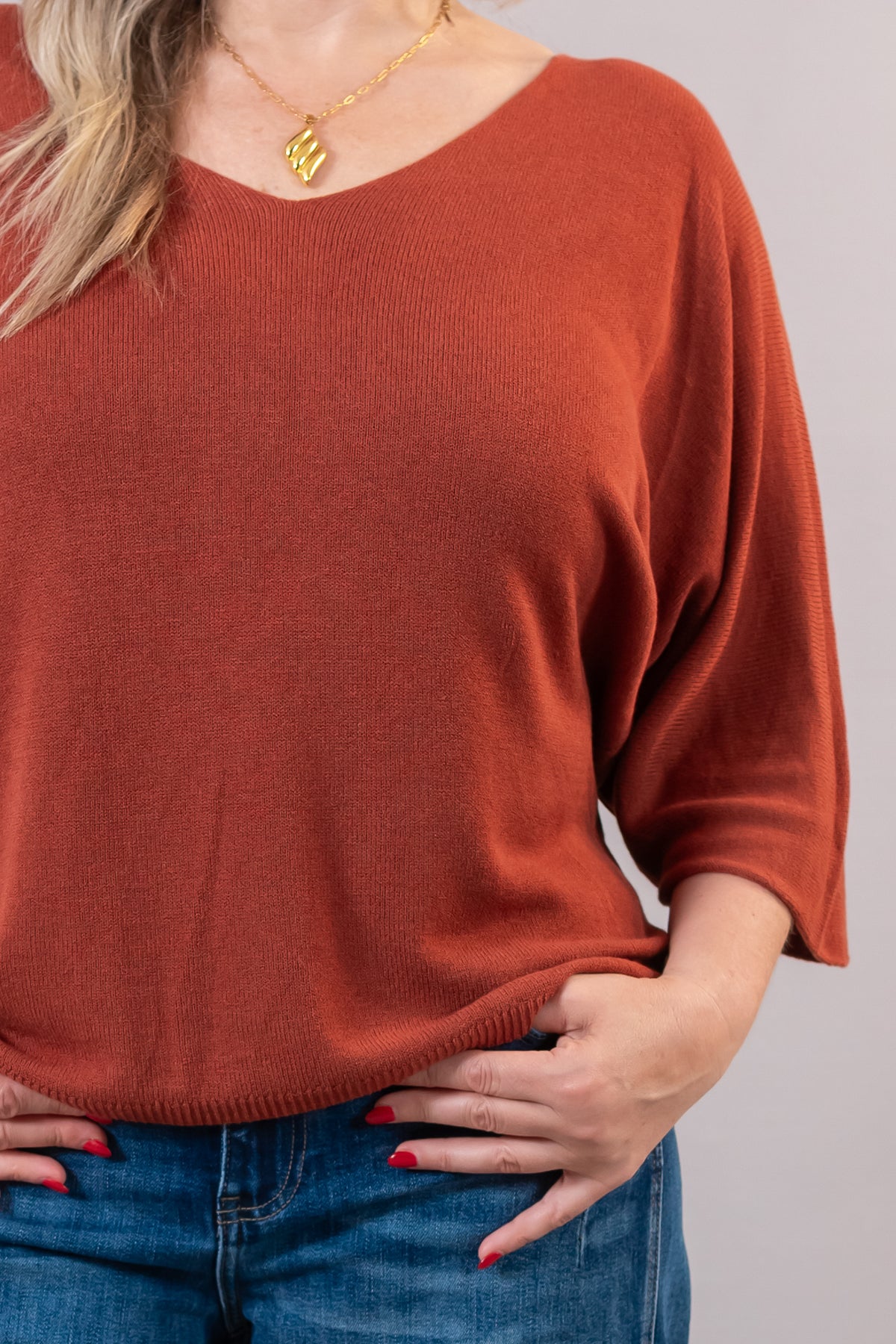 Feinstrickpullover mit V-Ausschnitt, rost