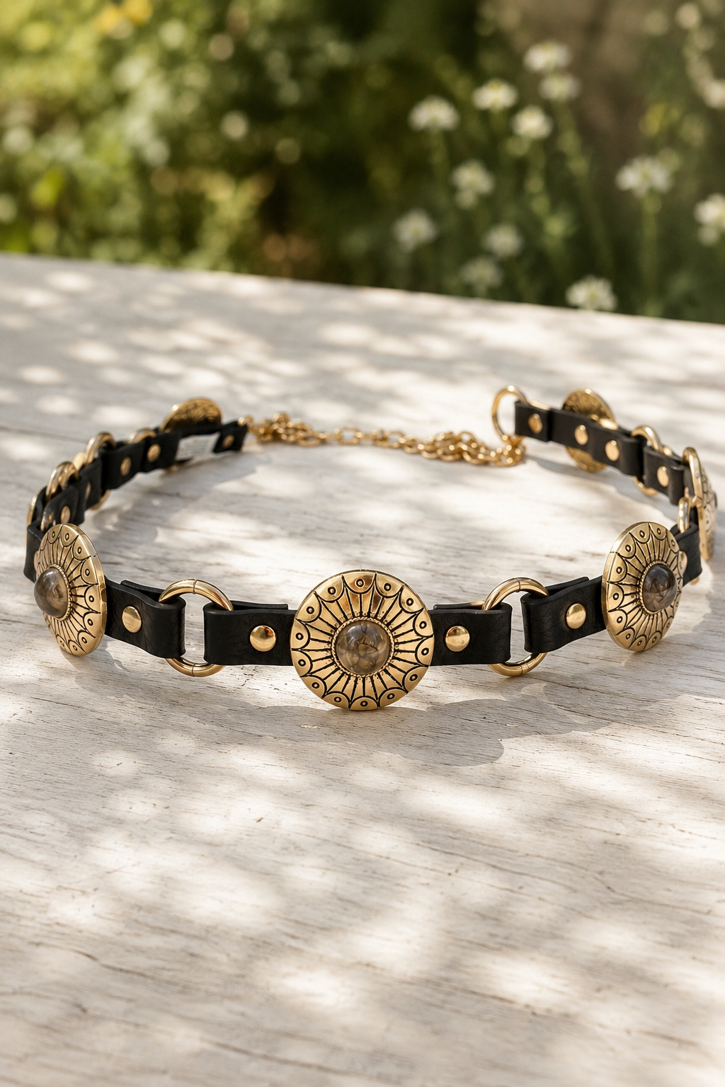 Schwarzer Kettengürtel mit Concho-Medaillons - Boho Western Style