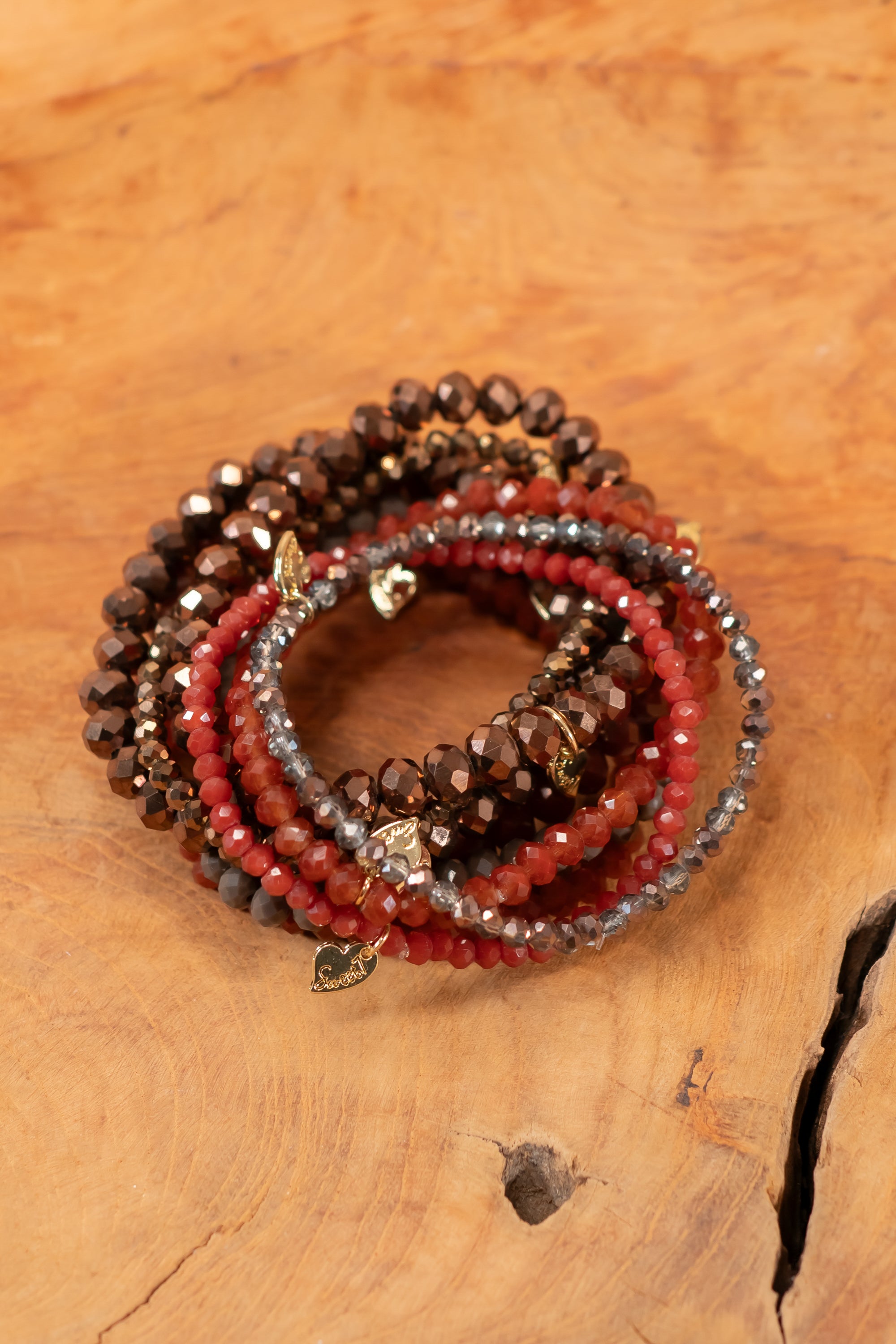 Kristall-Armband-Set in Braun-Bronze mit goldenem Herzanhänger, 9-teilig