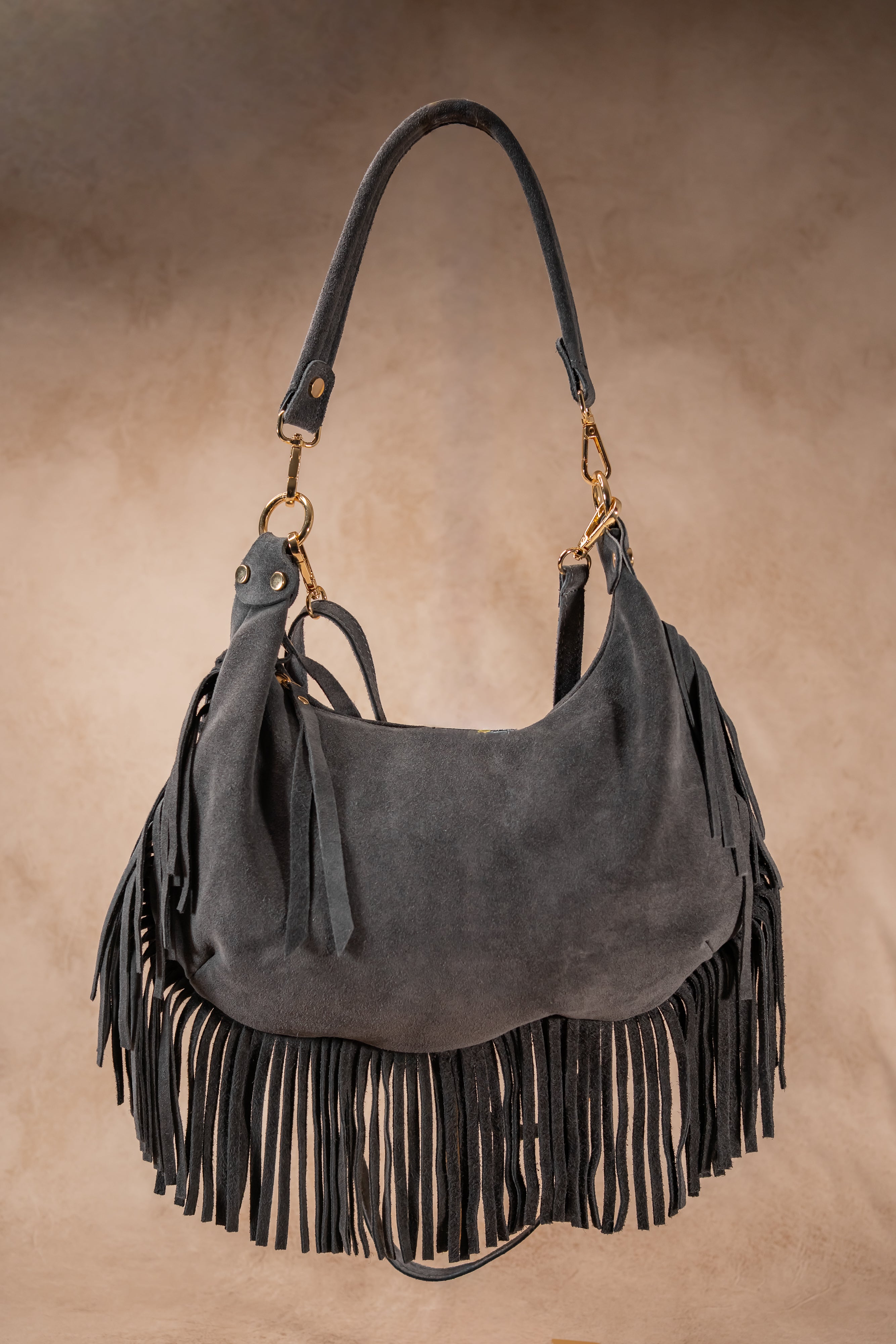 Leder-Handtasche mit Fransen, anthrazit