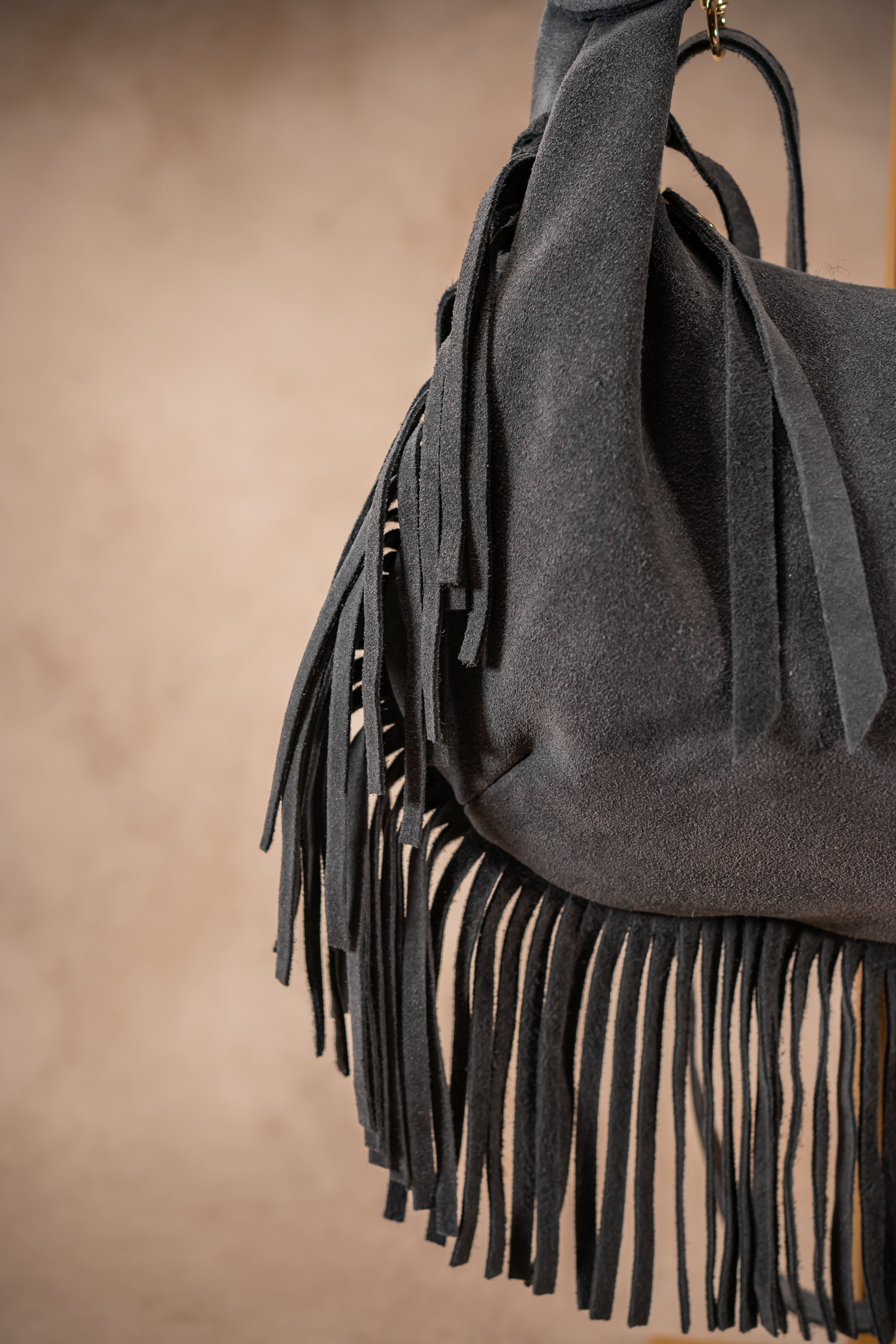 Leder-Handtasche mit Fransen, anthrazit