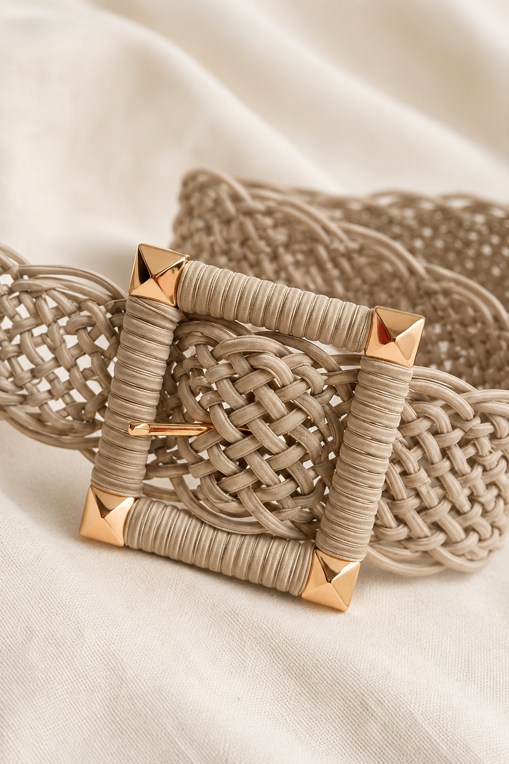 Boho Flechtgürtel Beige/Gold, Eckige Schnalle