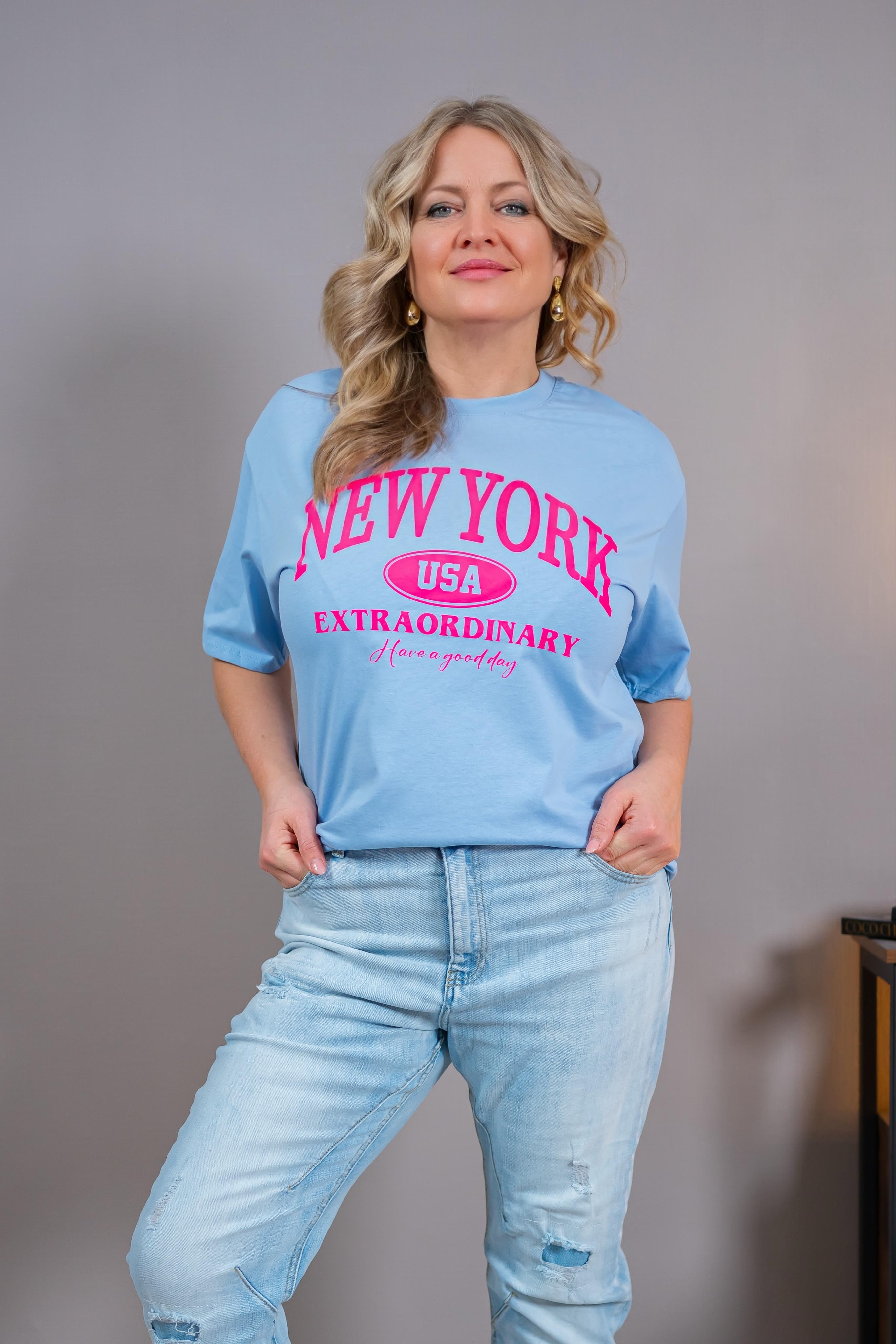 T-Shirt mit Print, babyblau/pink 2.Wahl