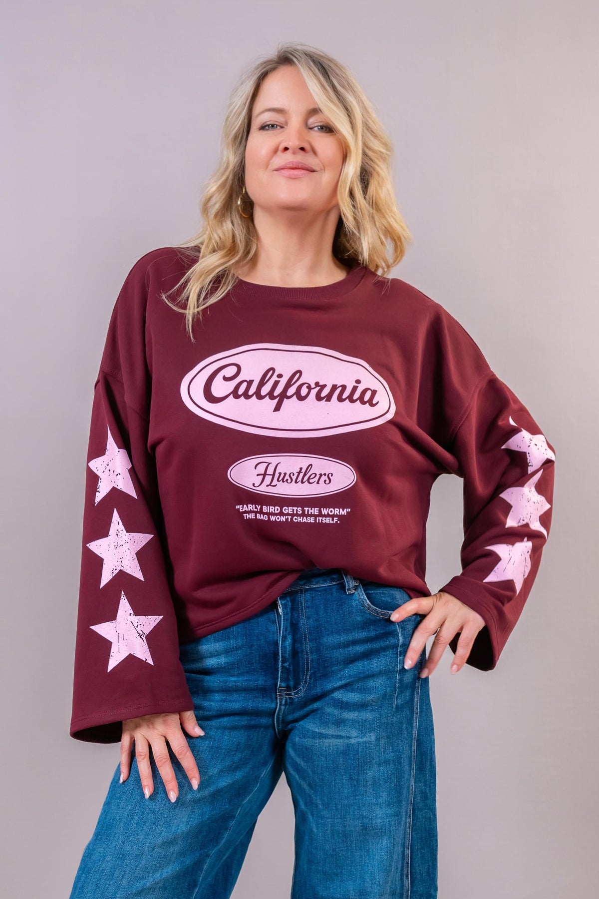 Oversize-Sweatshirt "California" mit Star-Print, bordeaux