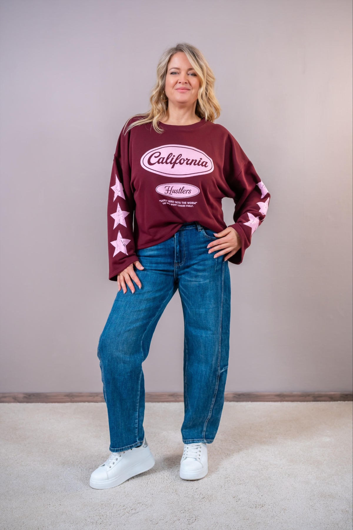 Oversize-Sweatshirt "California" mit Star-Print, bordeaux