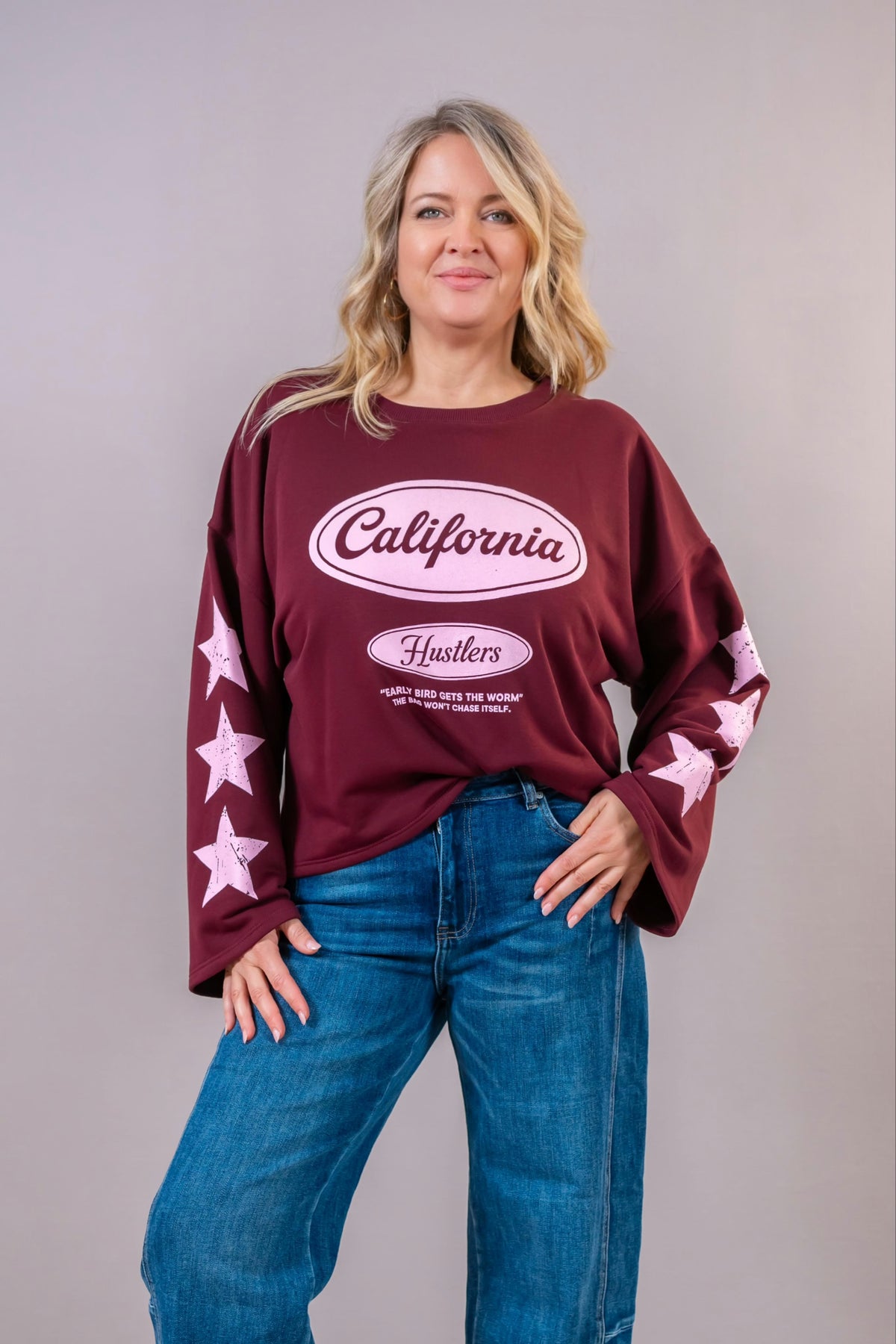 Oversize-Sweatshirt "California" mit Star-Print, bordeaux
