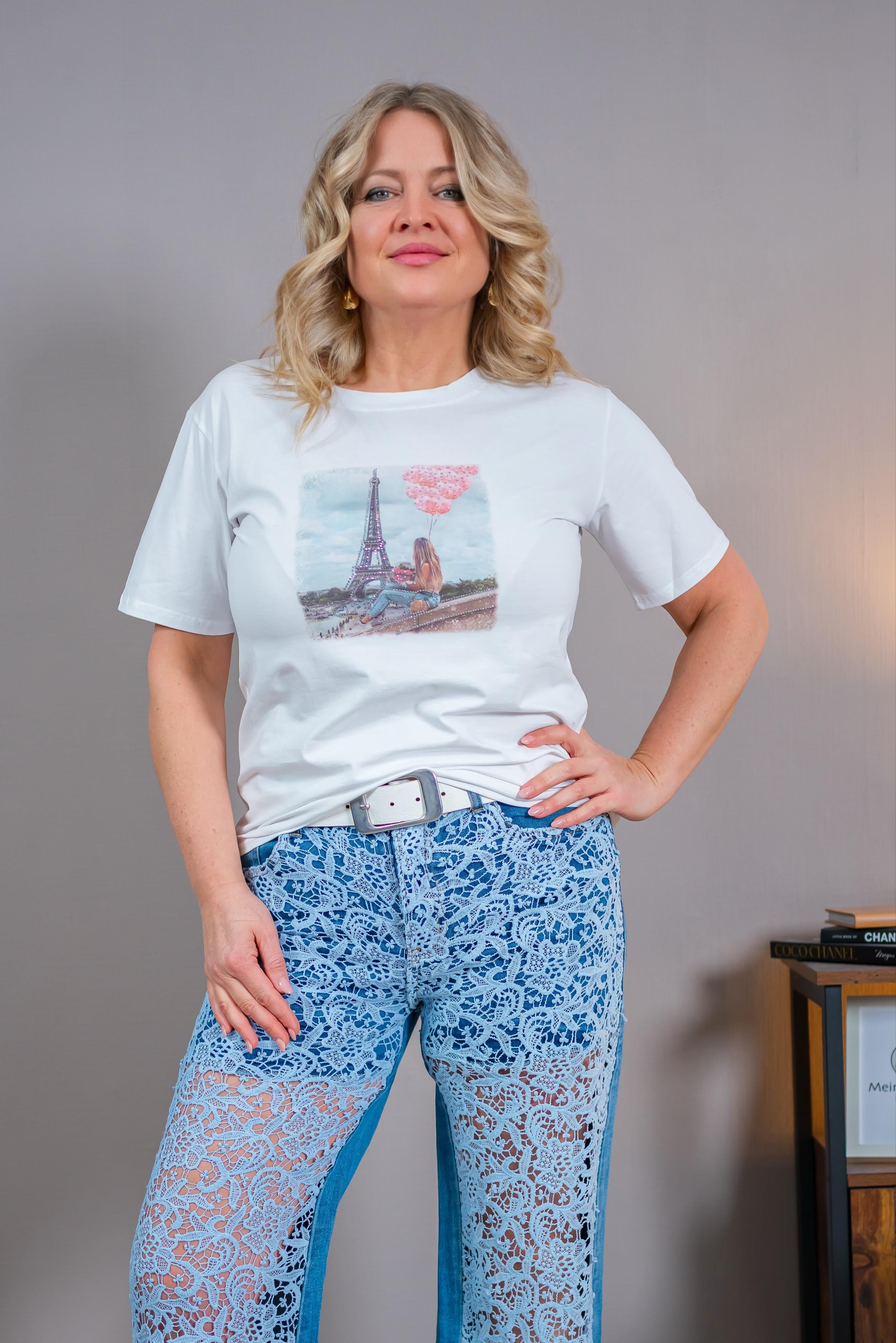 T-Shirt mit Print und Glitzer-Detail, weiß