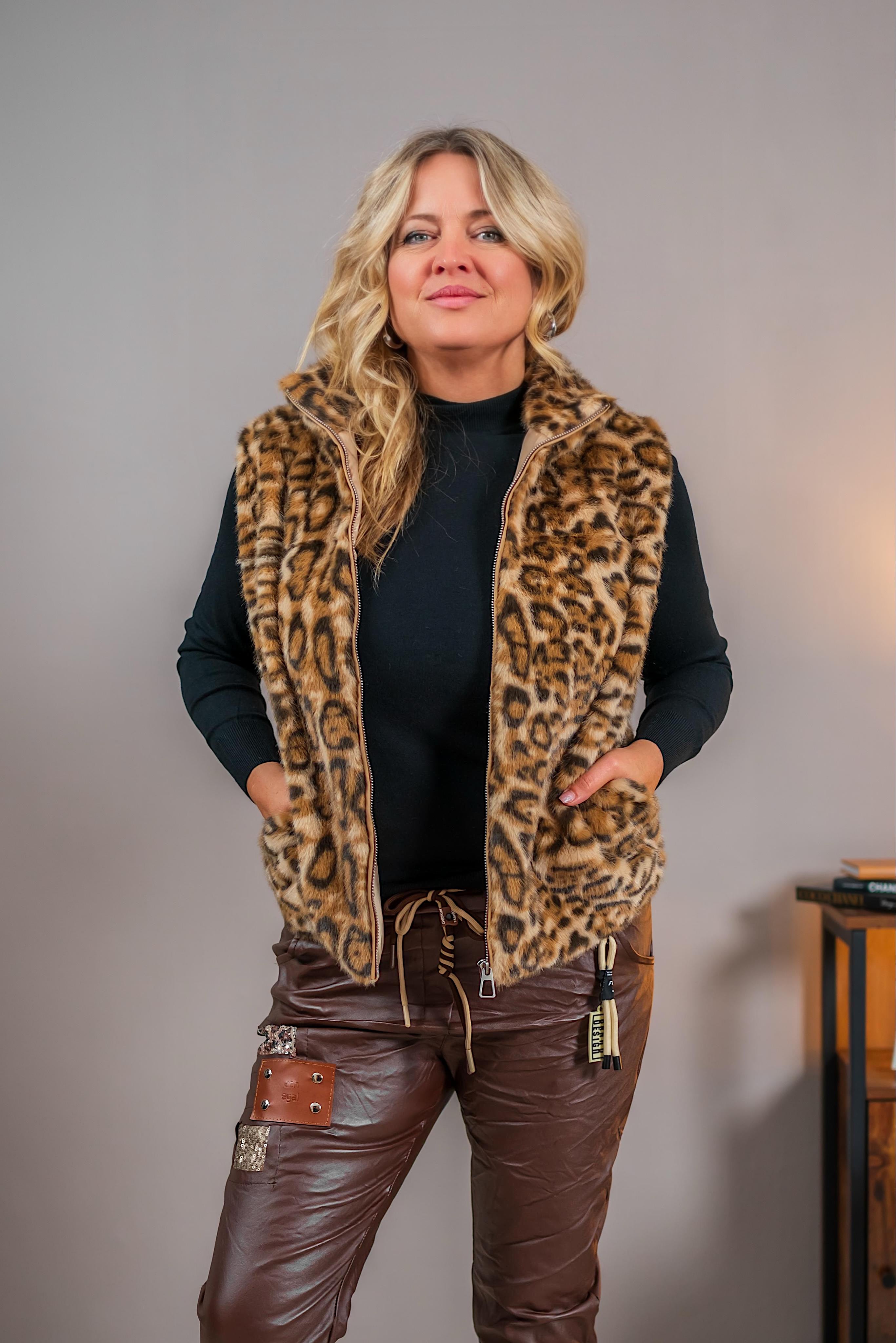Weste im Leo-Look aus Kunstfell, beige-hellbraun