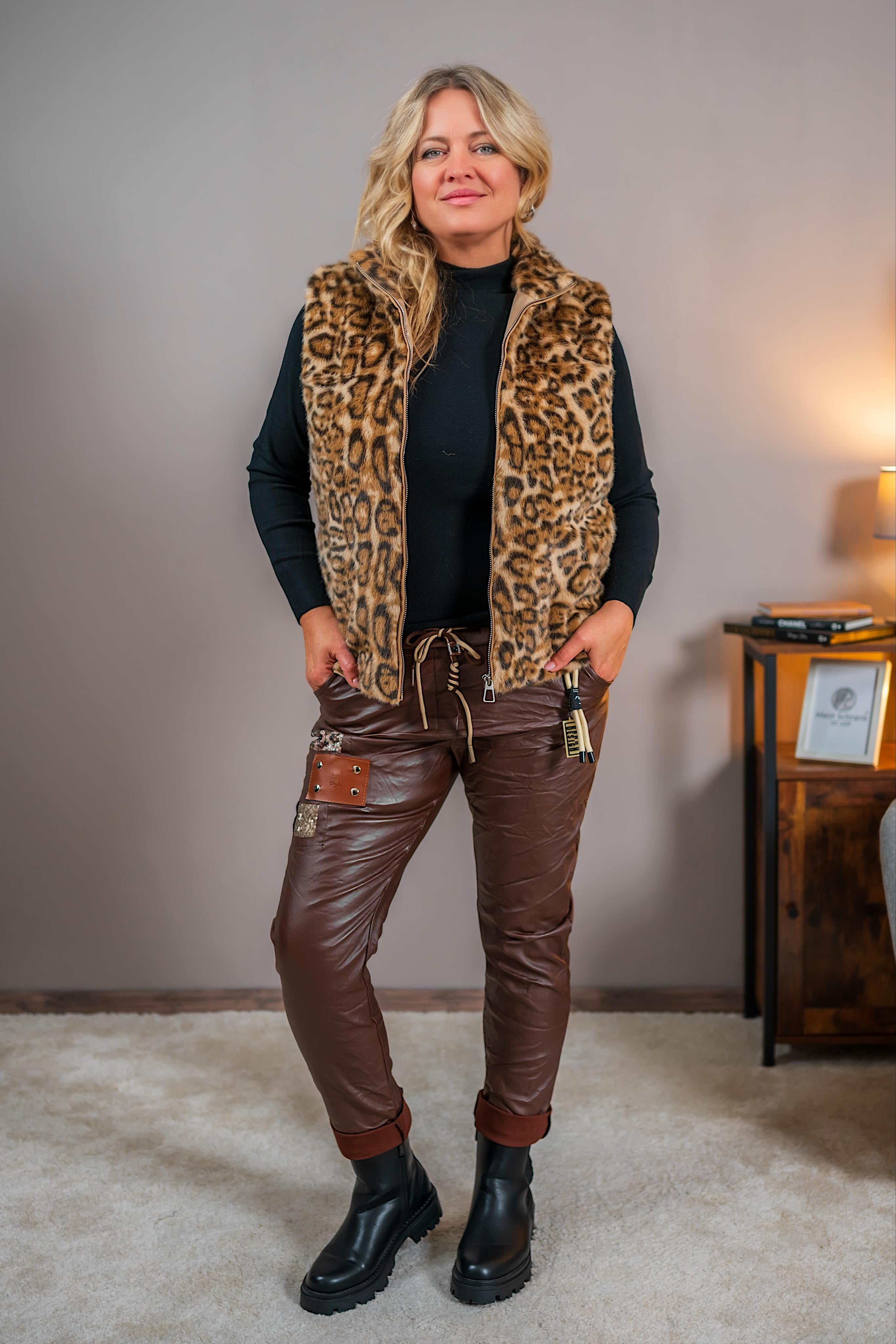 Weste im Leo-Look aus Kunstfell, beige-hellbraun