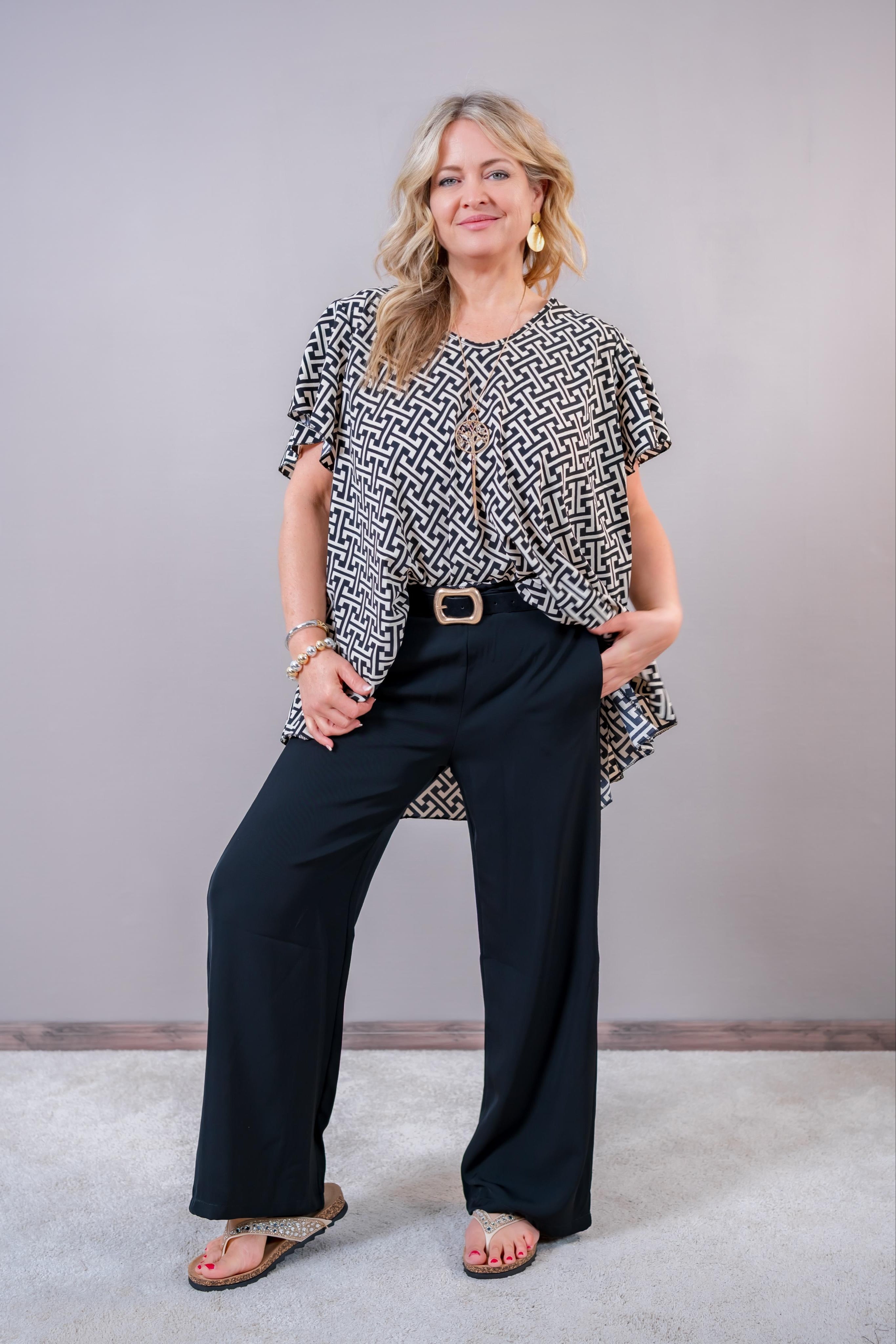 Oversize Tunika mit grafischem Muster, schwarz/creme