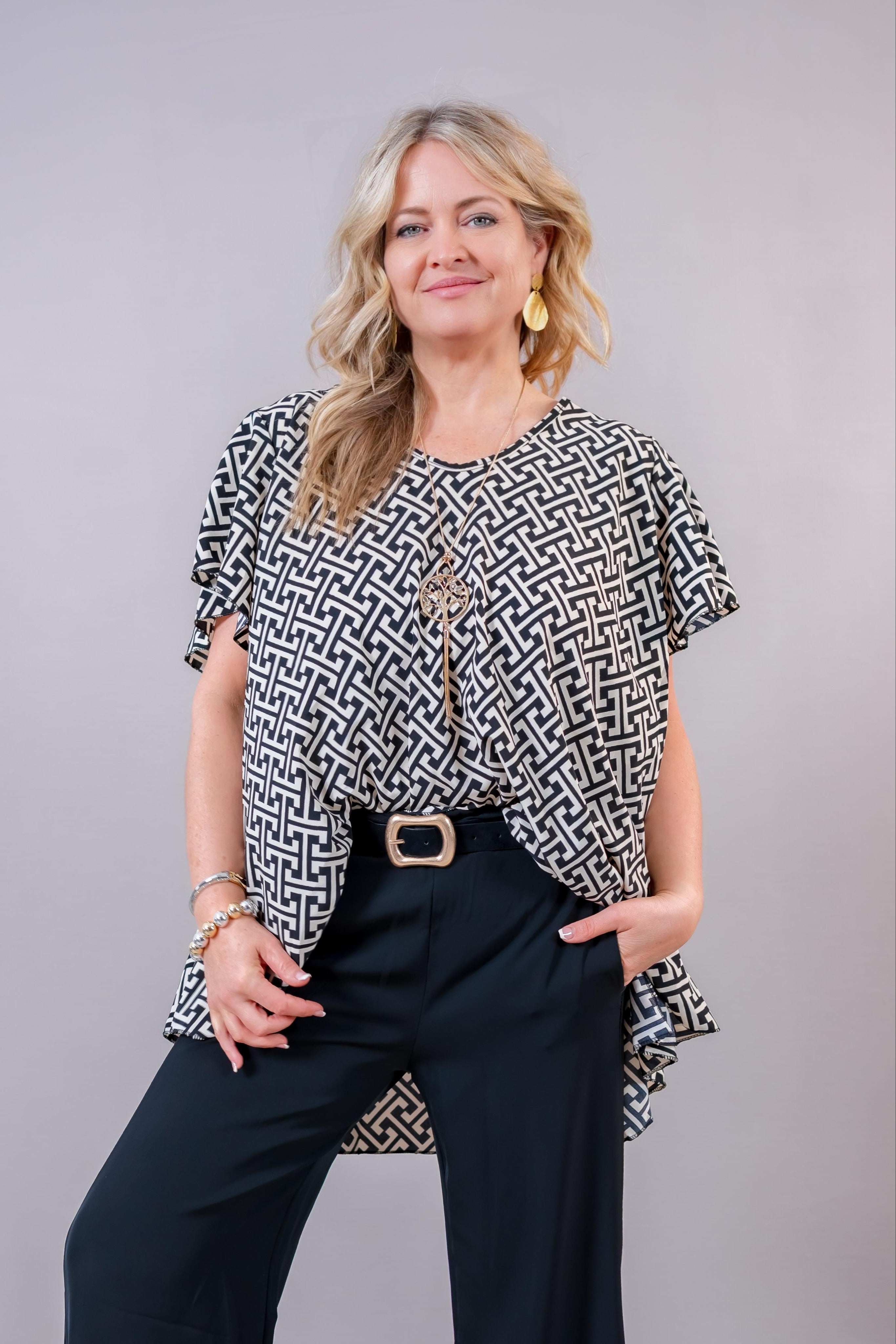 Oversize Tunika mit grafischem Muster, schwarz/creme