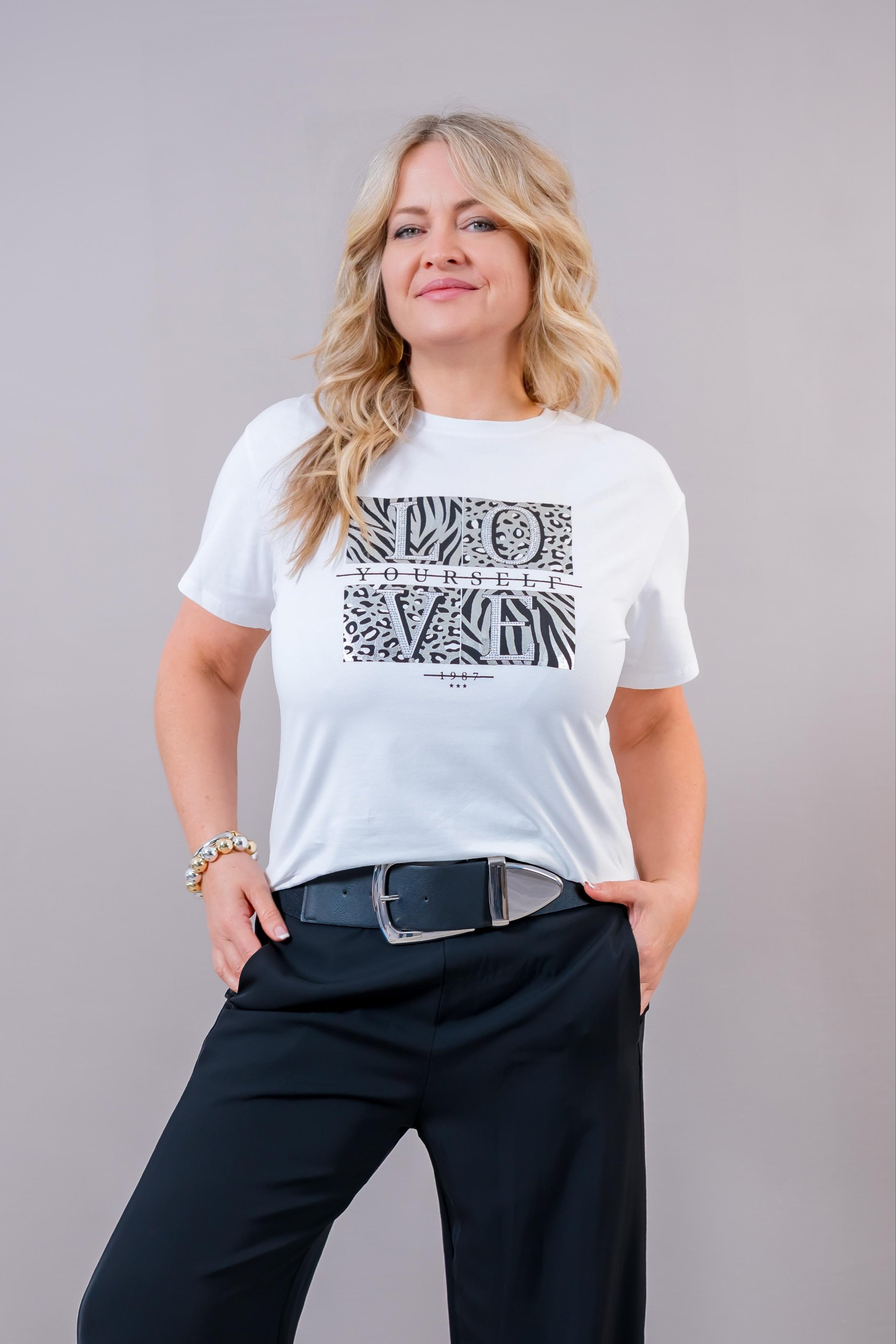T-Shirt "Love Yourself" mit Glitzerprint, weiß