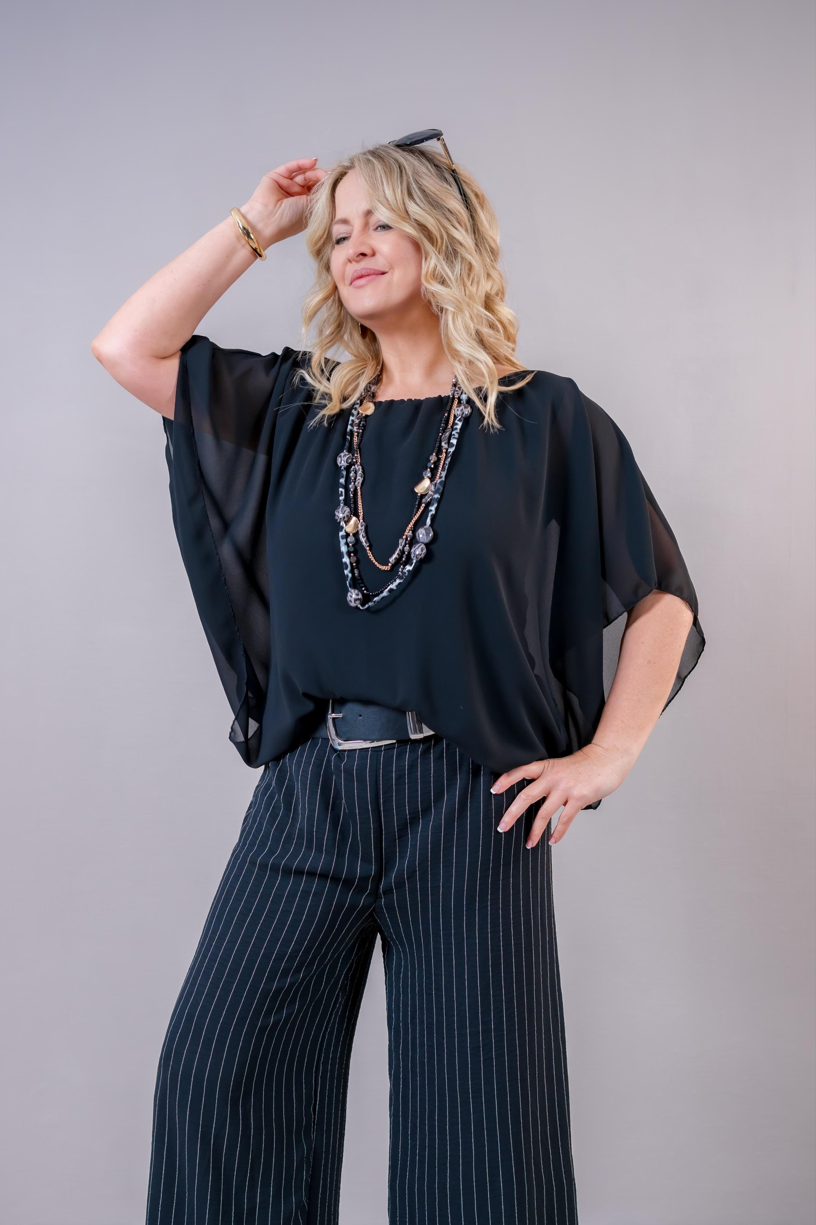 Chiffon-Bluse mit Fledermausärmel, schwarz