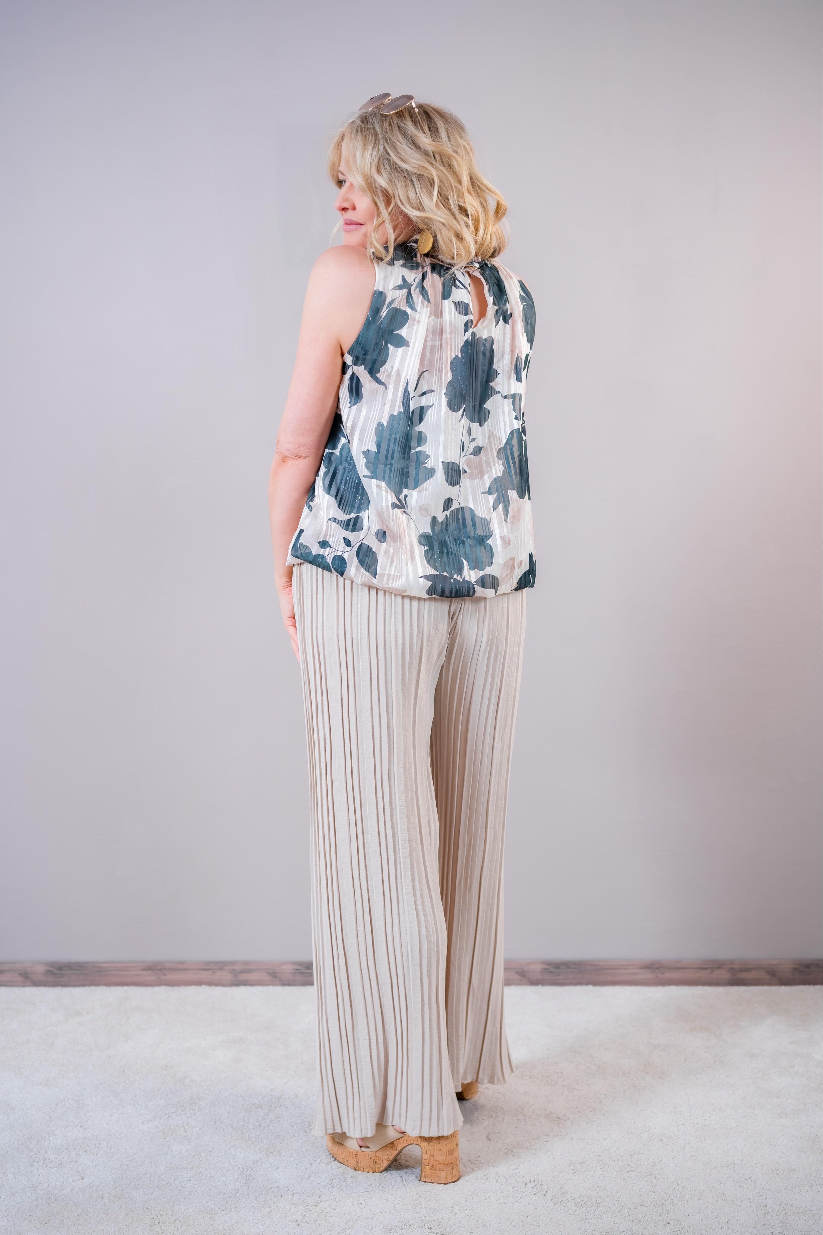 Ärmellose Chiffon-Bluse mit Blütenprint & Glitzerstreifen, dunkelgrün
