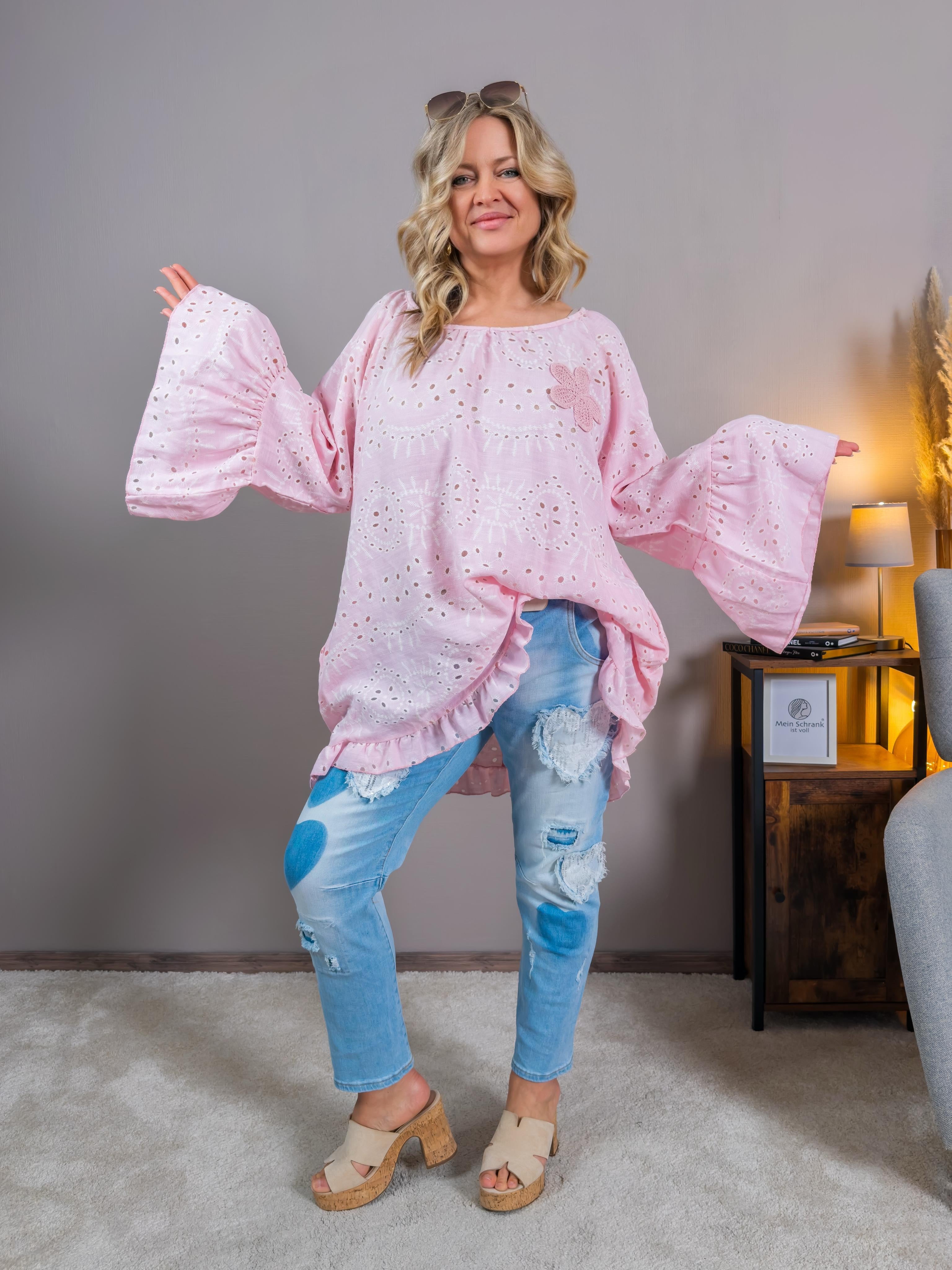 Tunika-Bluse mit Lochstickerei und Blumen-Details, rosa
