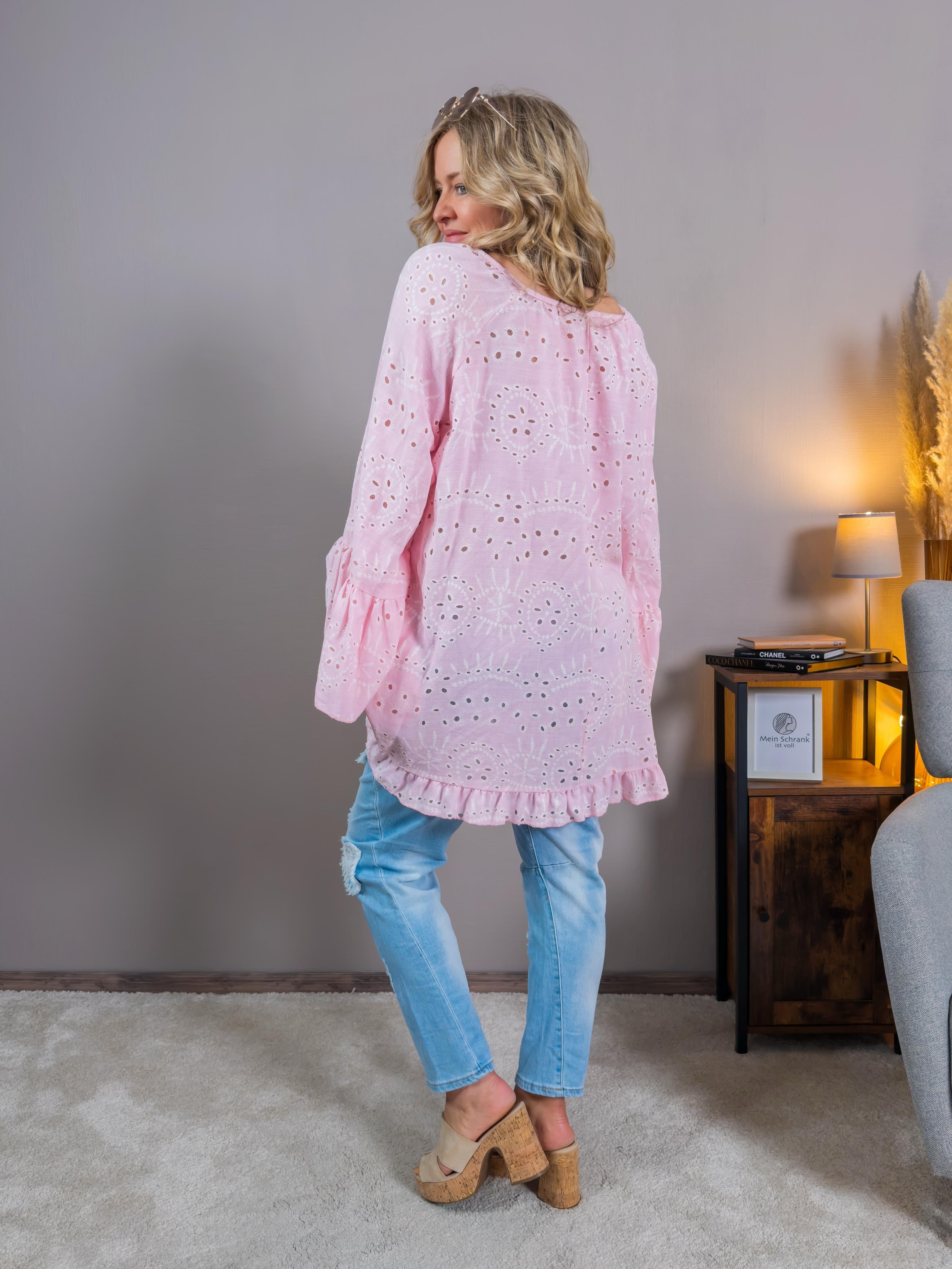 Tunika-Bluse mit Lochstickerei und Blumen-Details, rosa