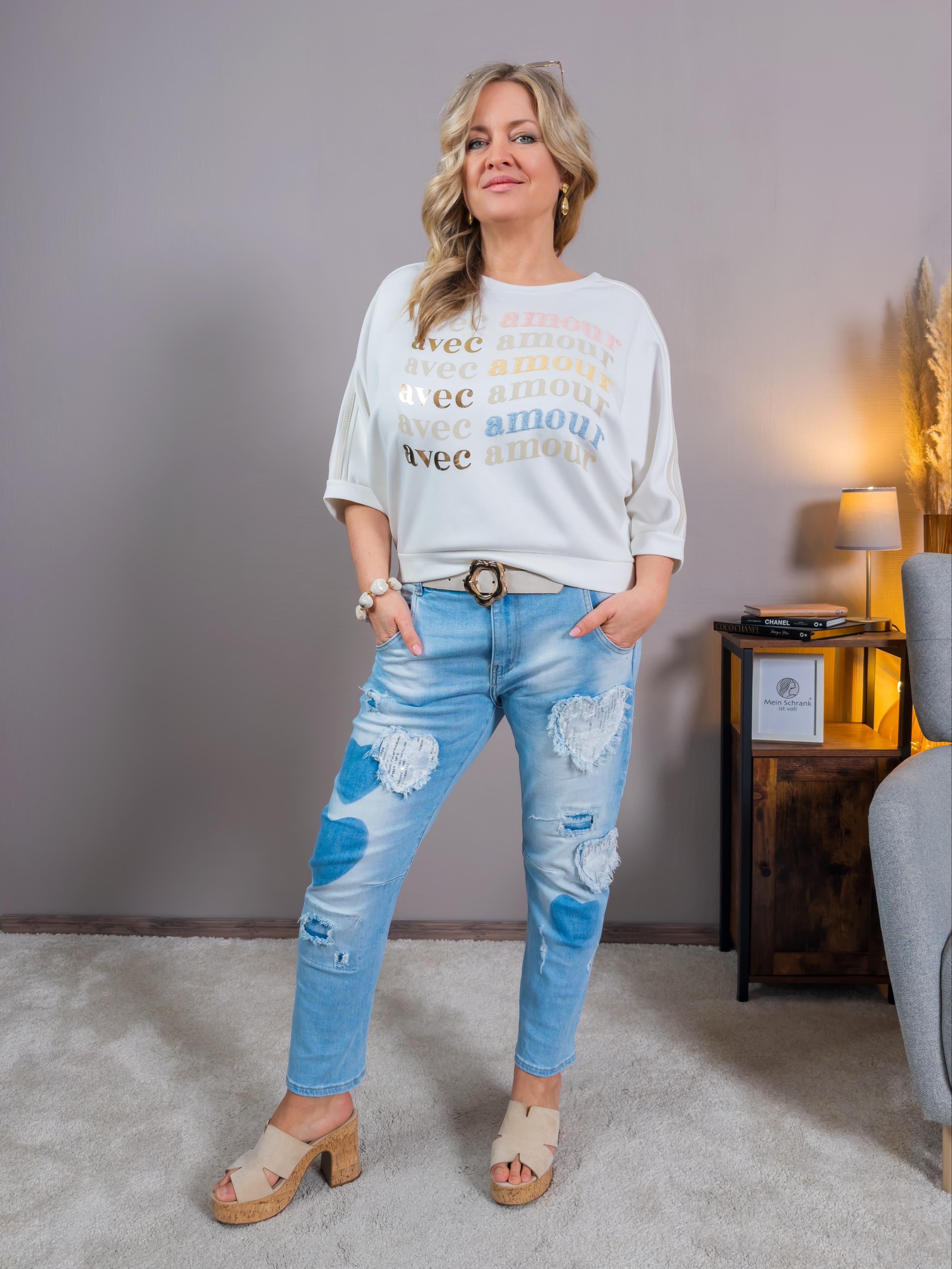 Sweatshirt mit mehrfarbigem Print, creme