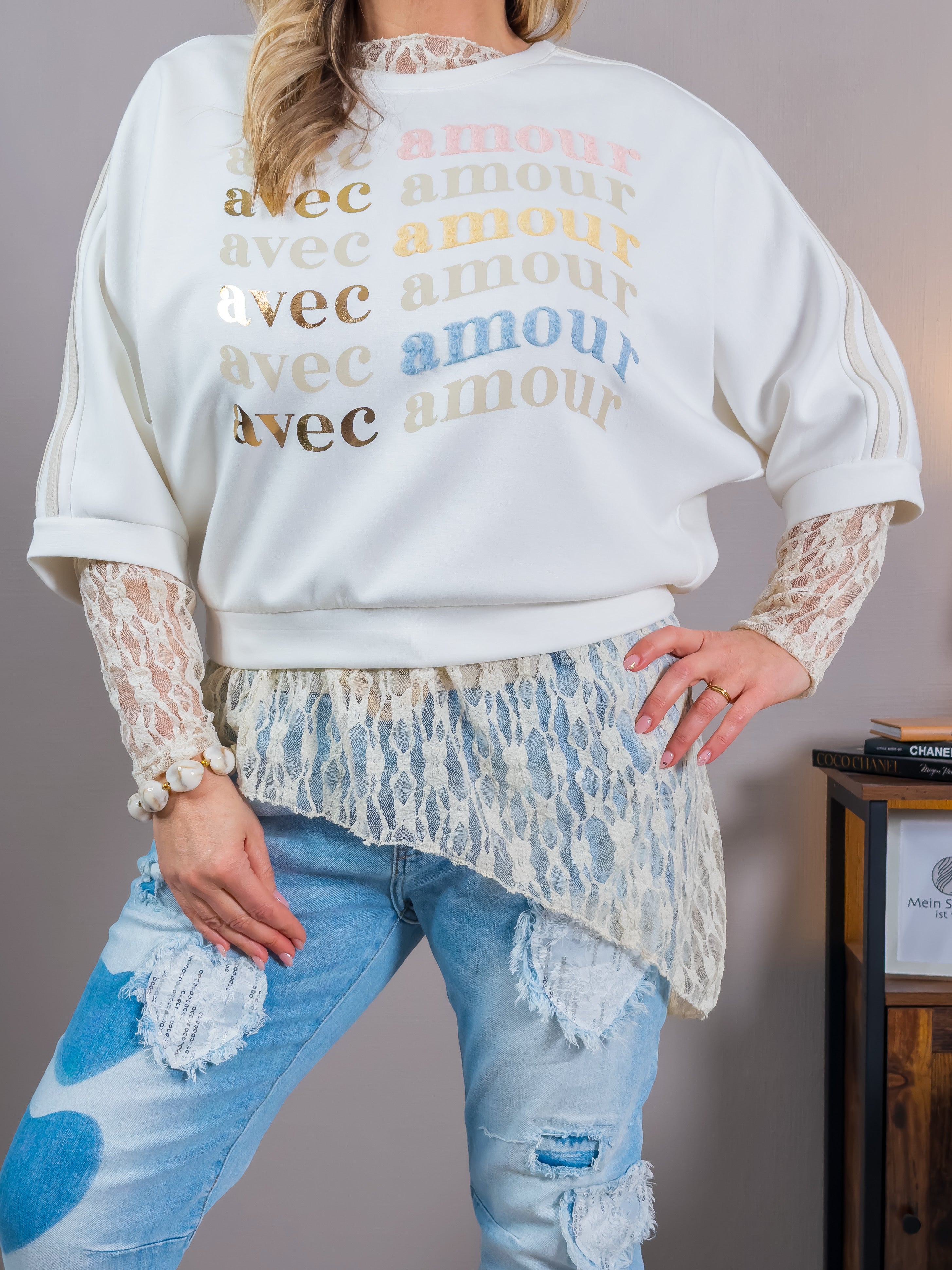 Sweatshirt mit mehrfarbigem Print, creme