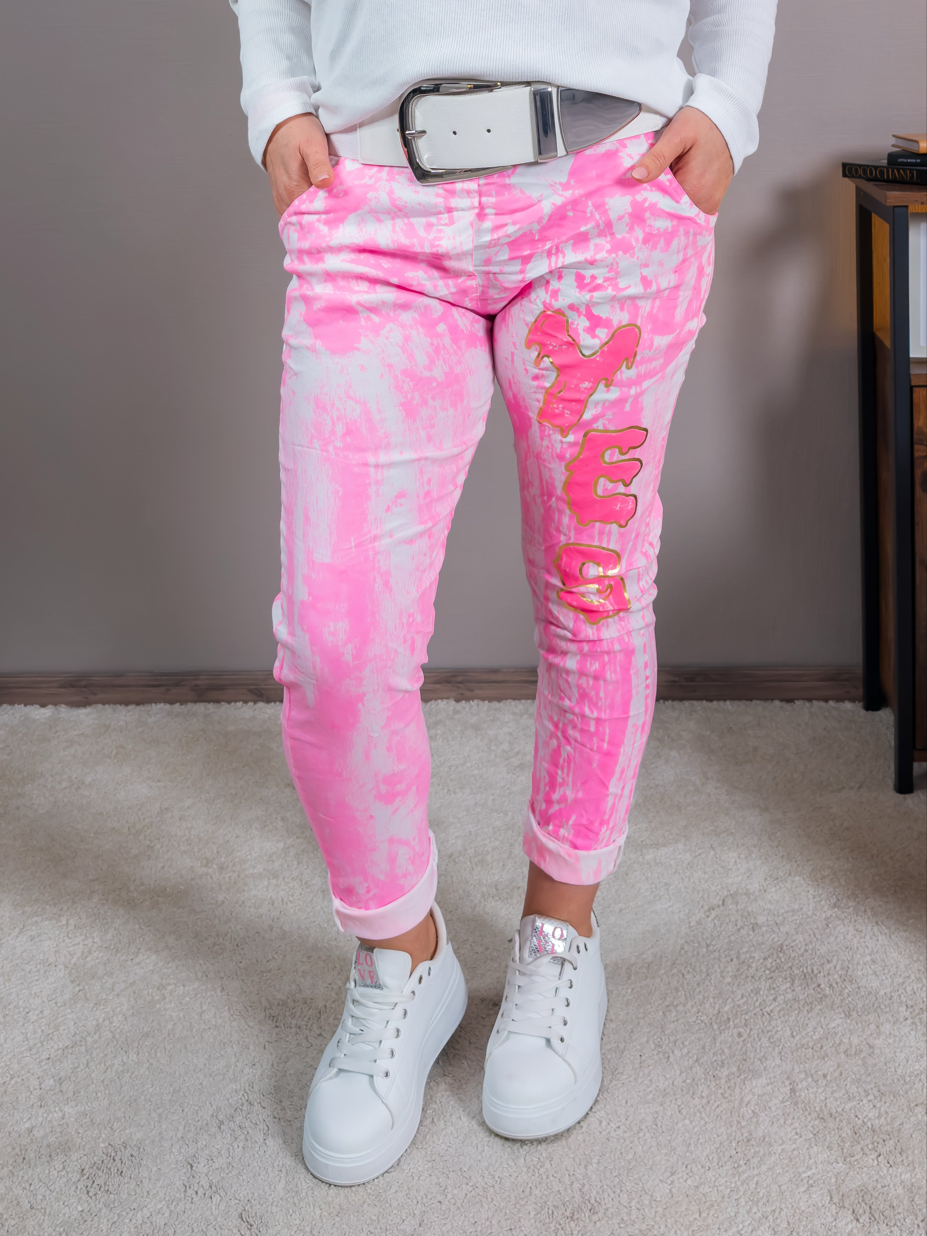 Stretchhose 'YES', pink/weiß
