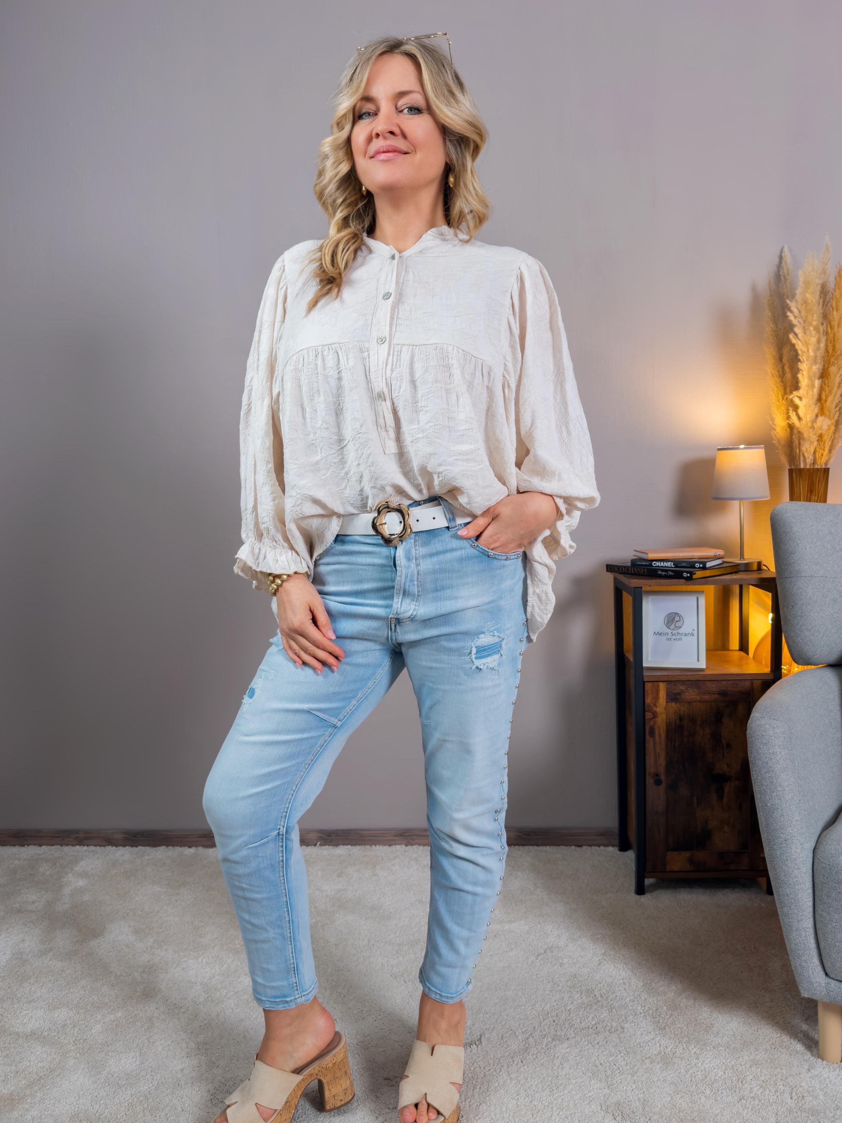 Bluse mit floralem Muster und Fledermausärmeln, creme