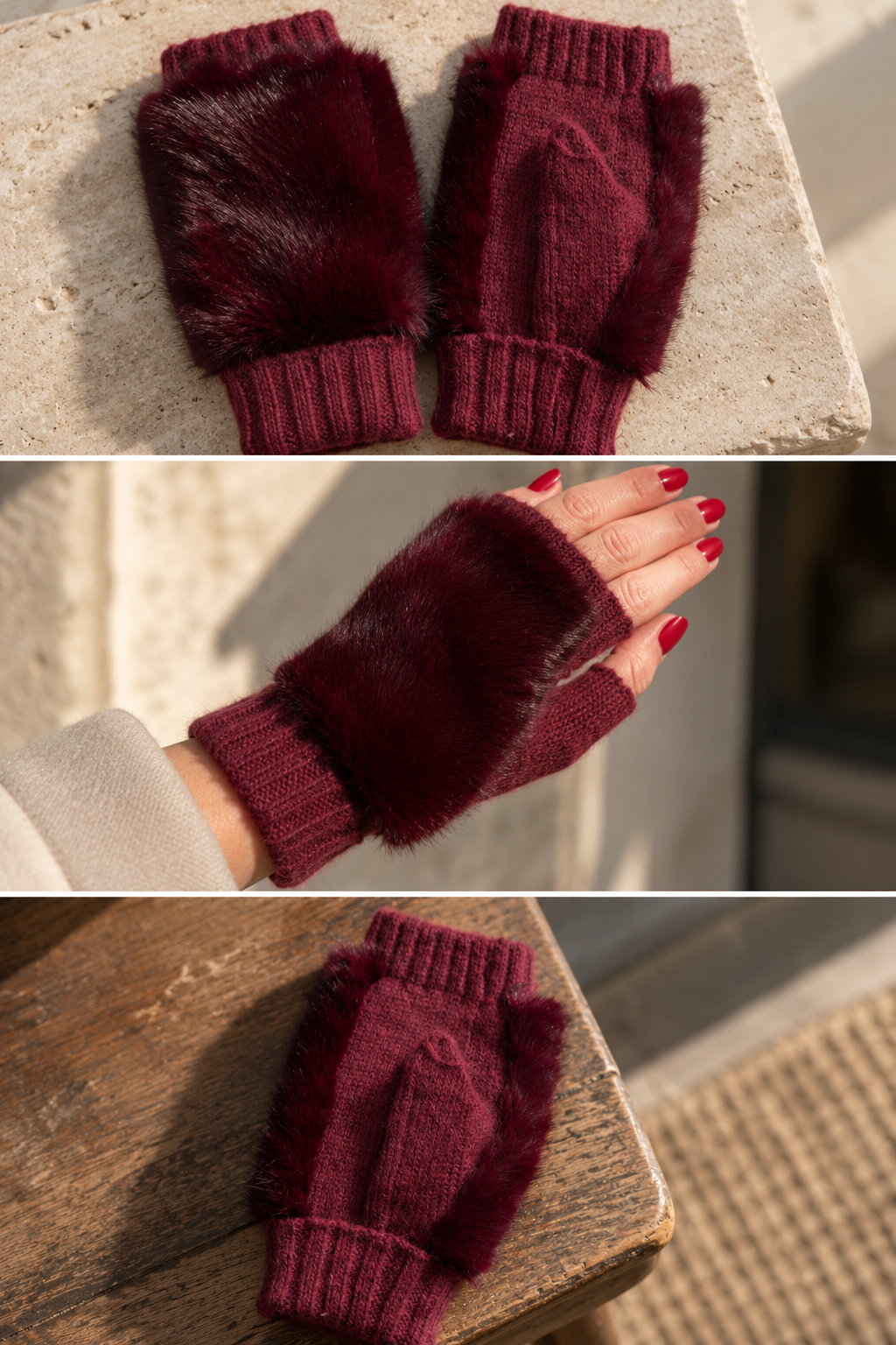 Strick Handstulpen mit Fake Fur, burgundy
