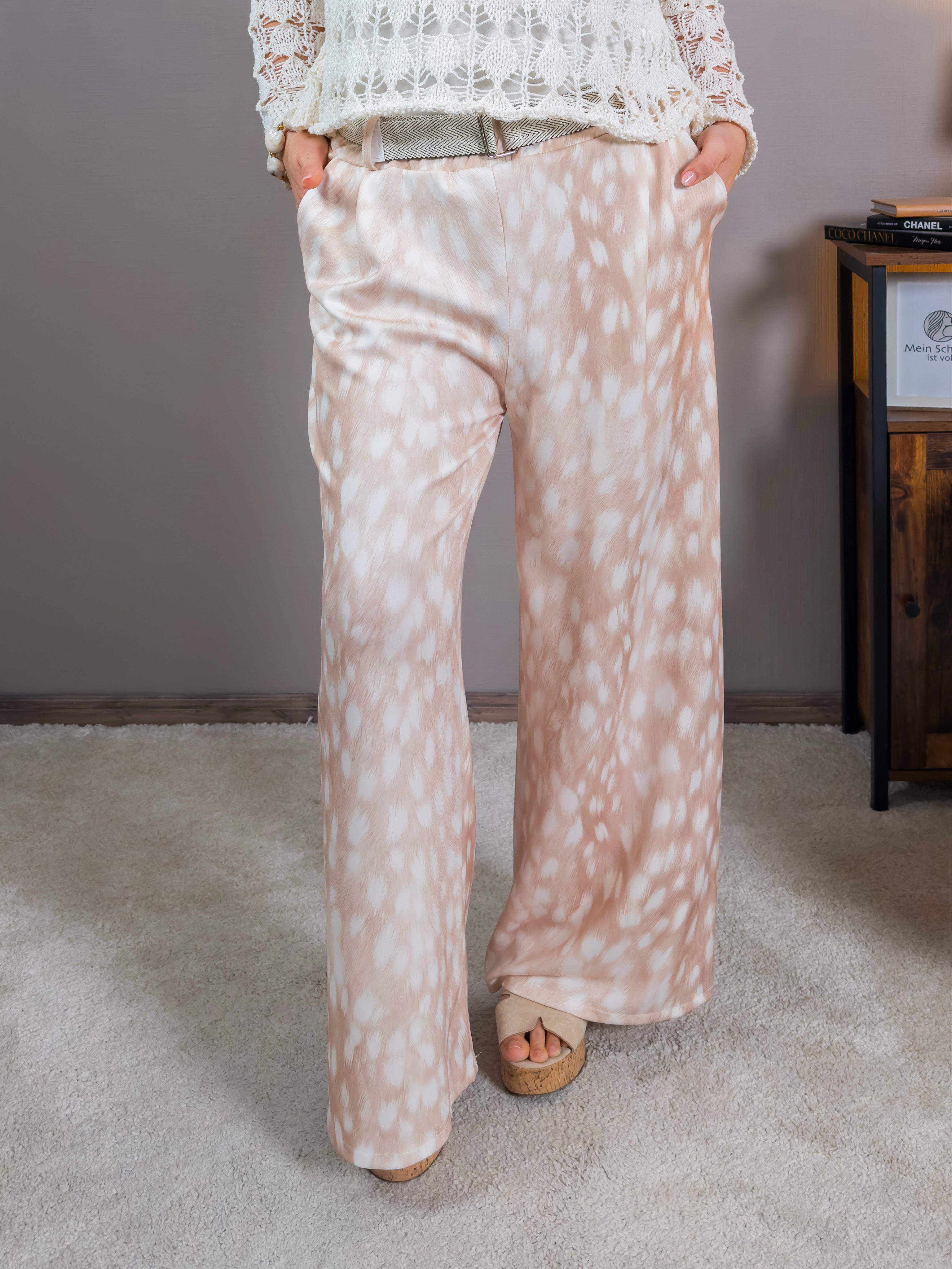 Fließende Hose mit sanftem Animal-Print, creme/beige