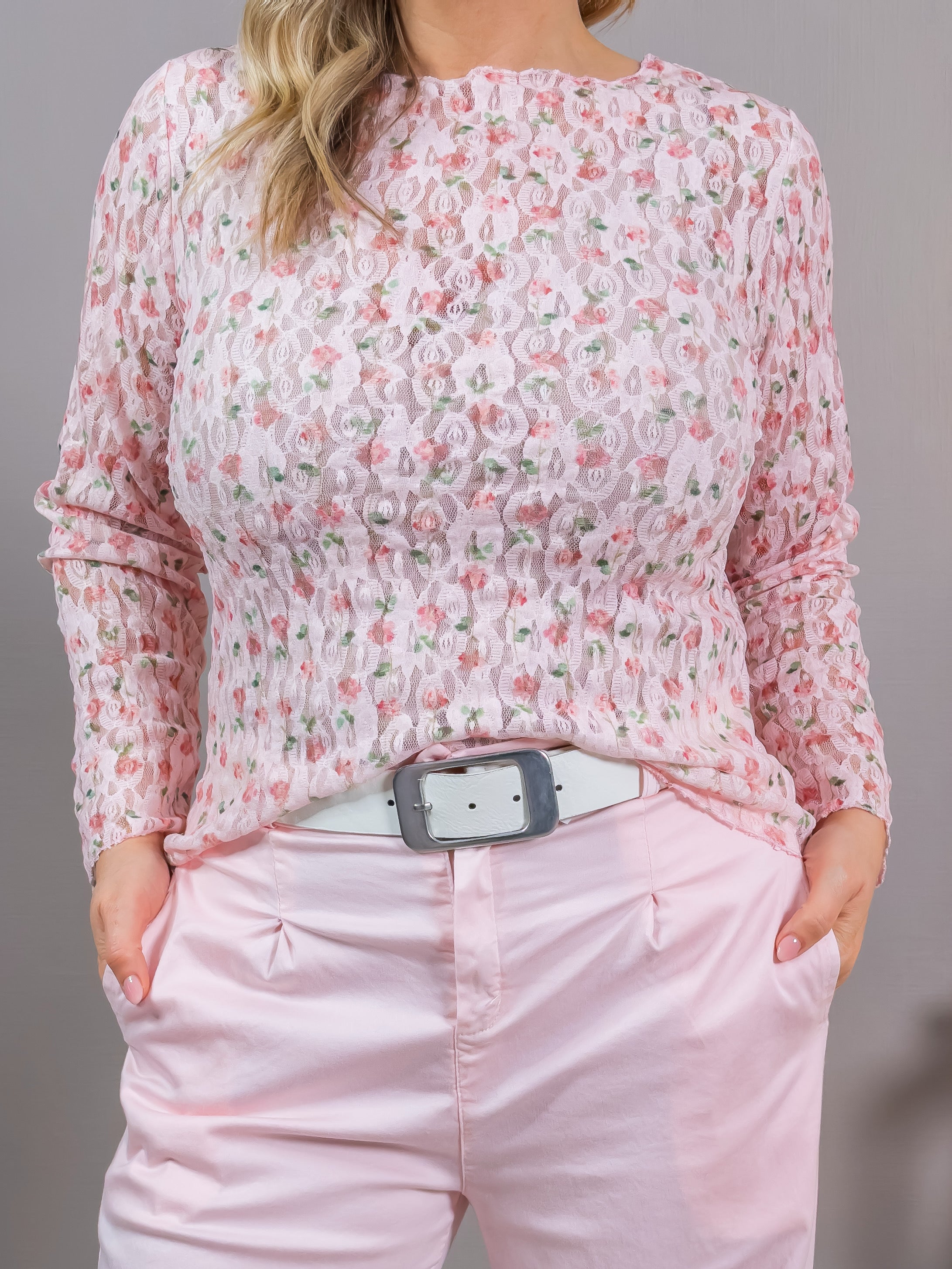 Leichtes Spitzen-Langarmshirt mit Blumen-Muster, rosa