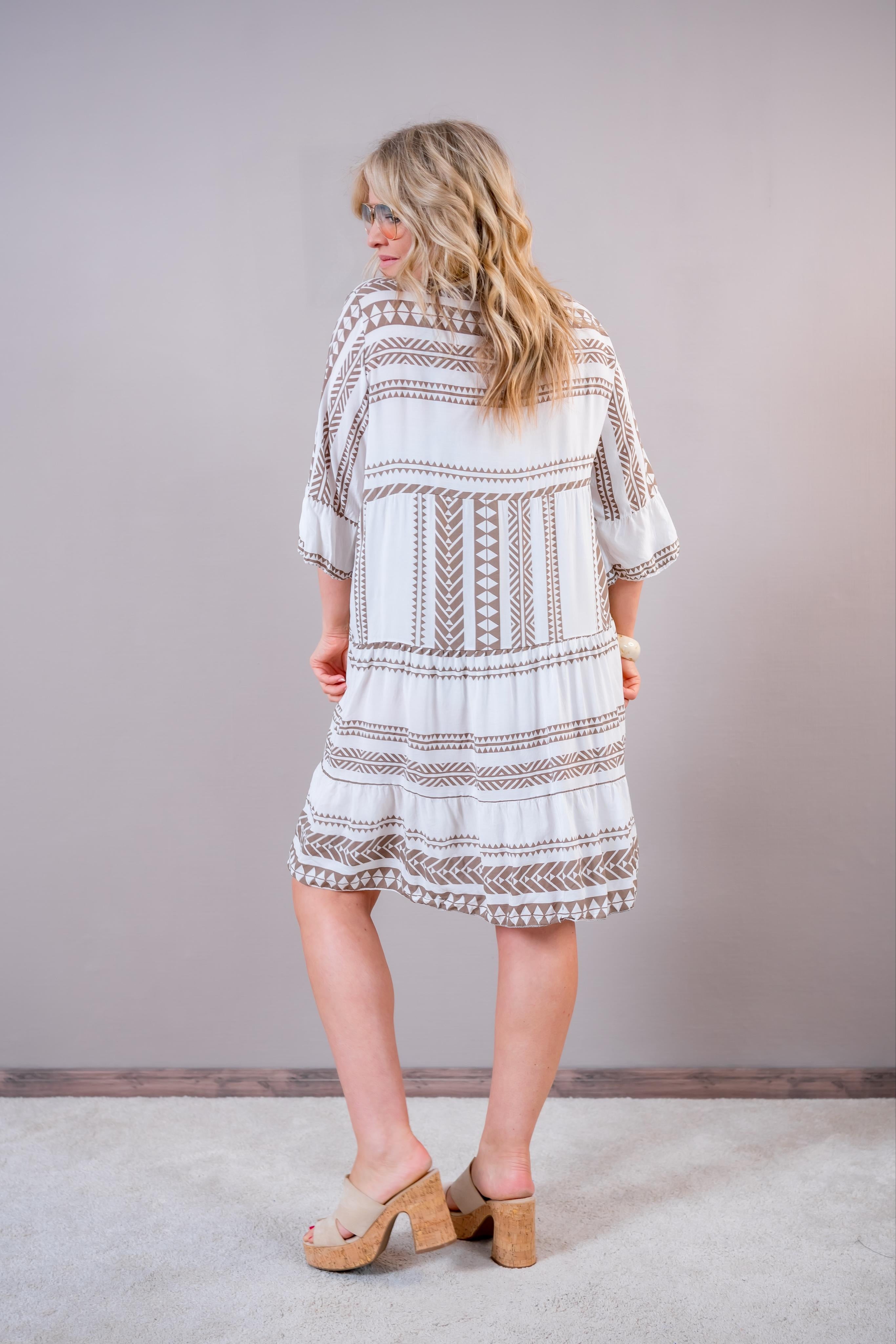 Boho Tunika Kleid mit Ethno-Print, creme/taupe