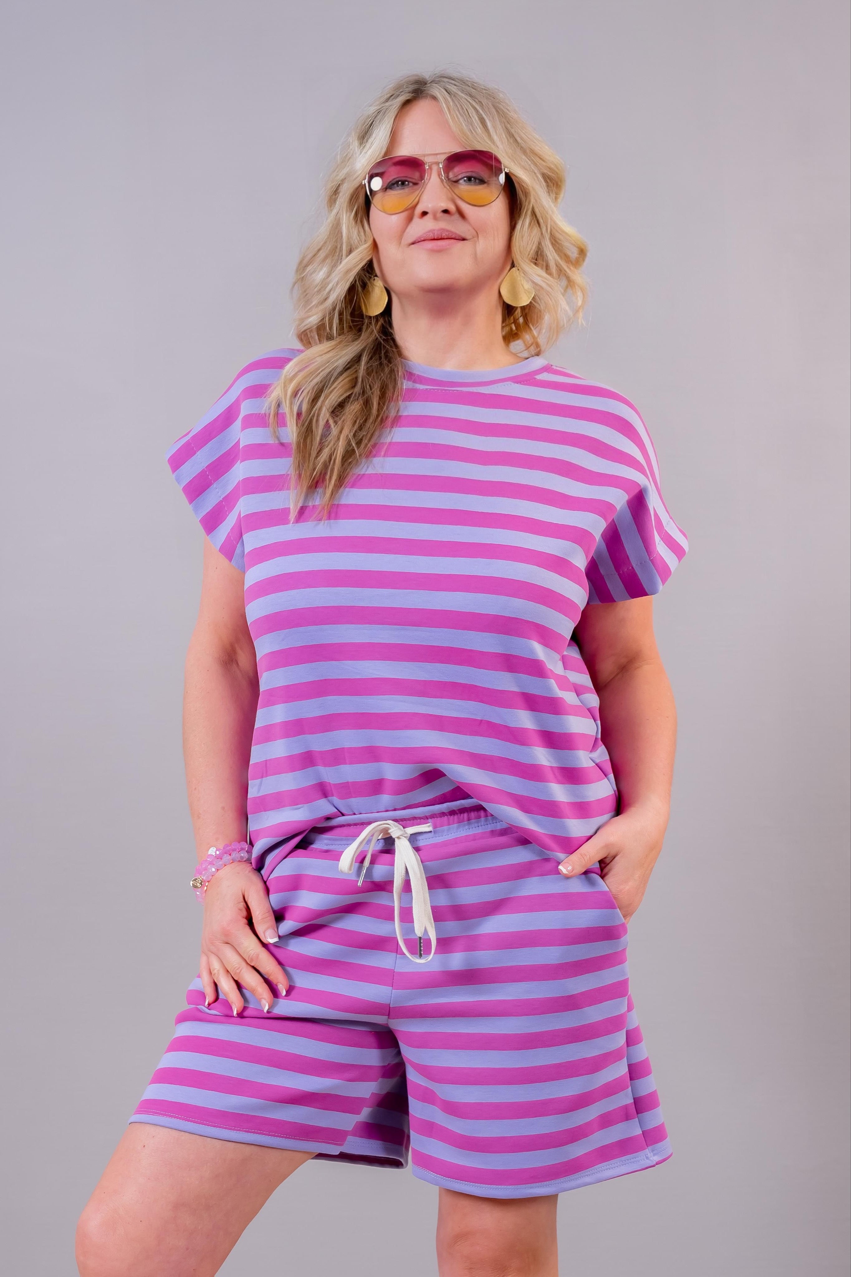 Zweiteiler "Candy Stripes" - Shirt & Shorts im Streifenlook, pink/flieder