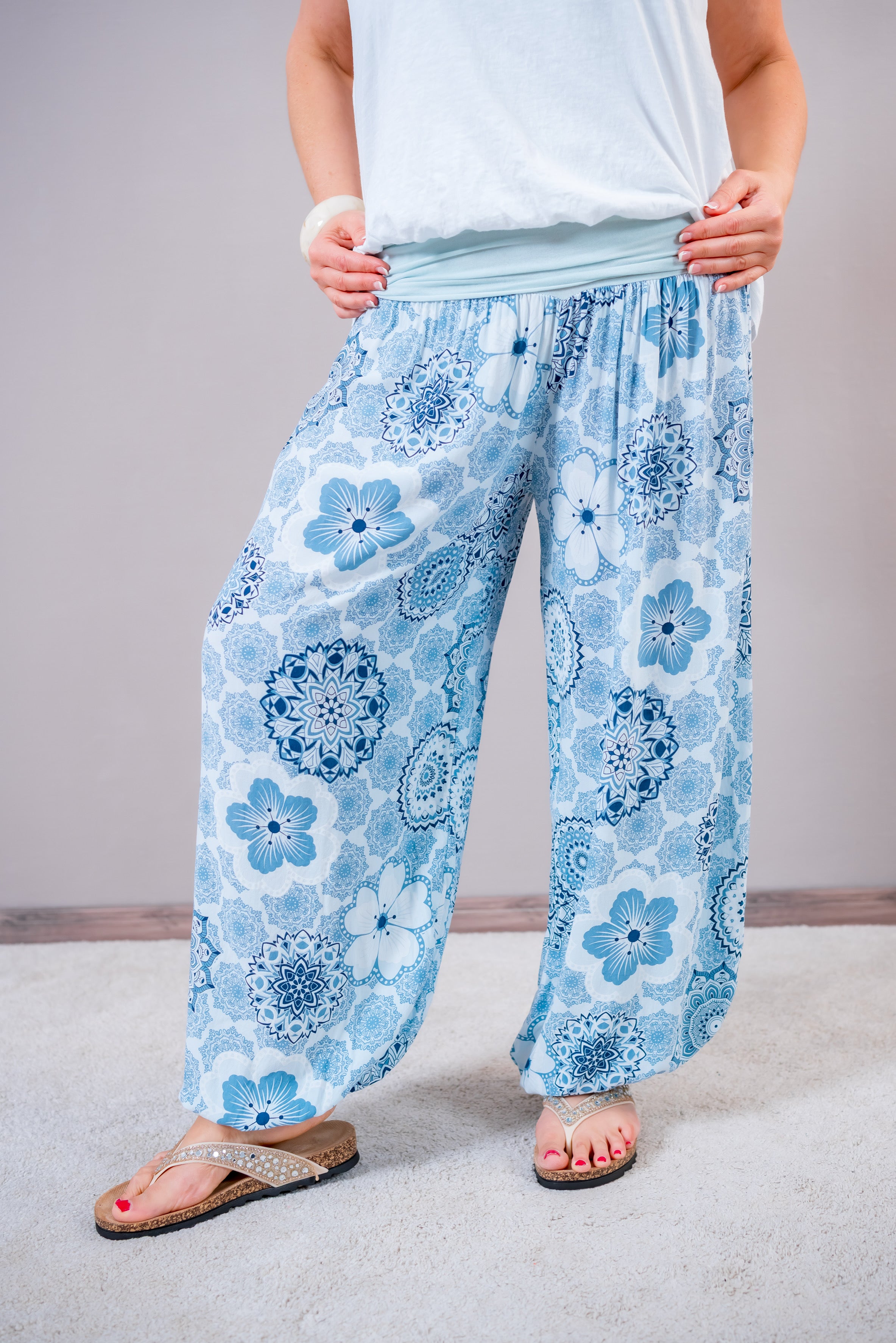Harems-Hose mit Mandala-Muster, blau/grau/mint