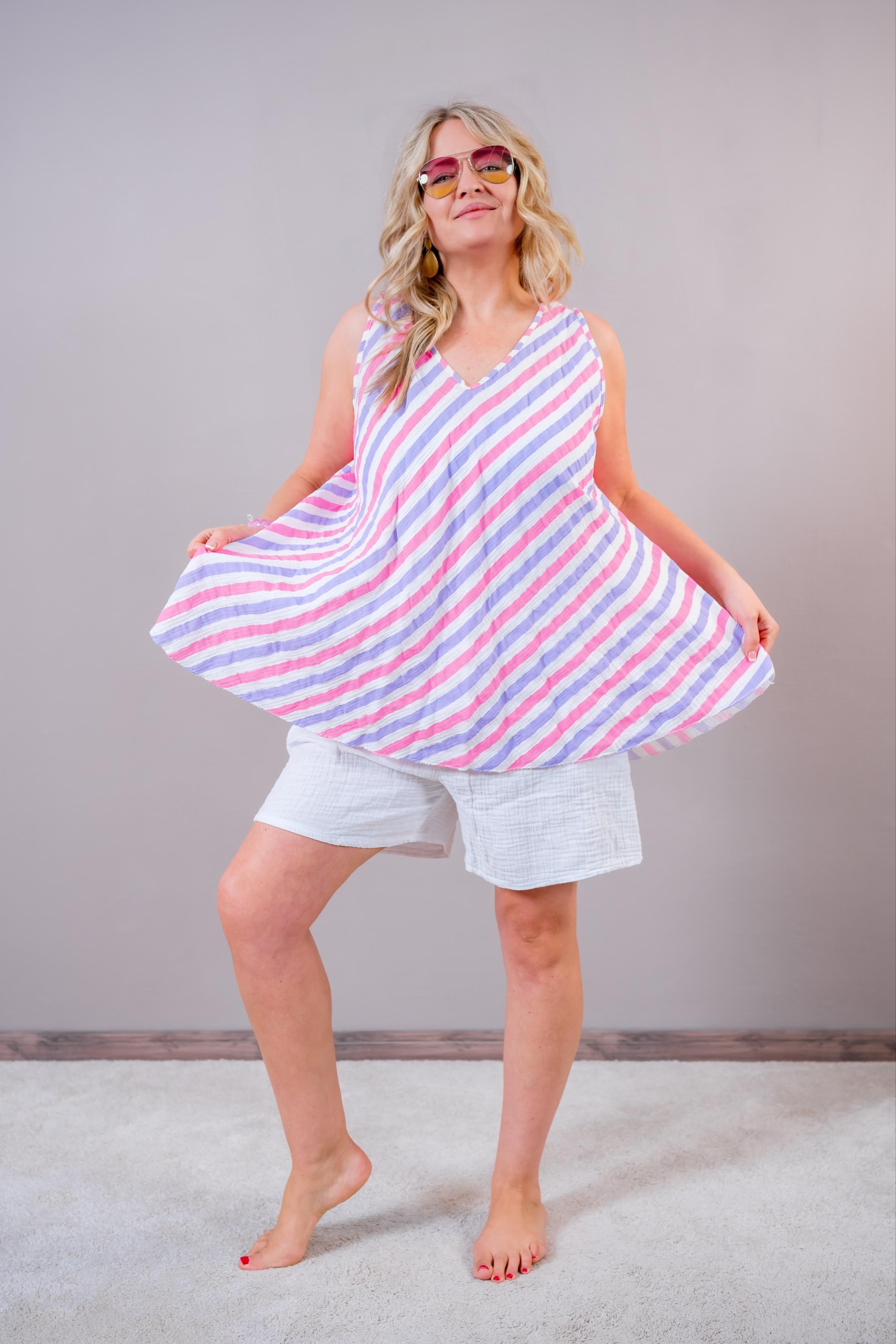 Musselin-Top, pink/flieder/weiß