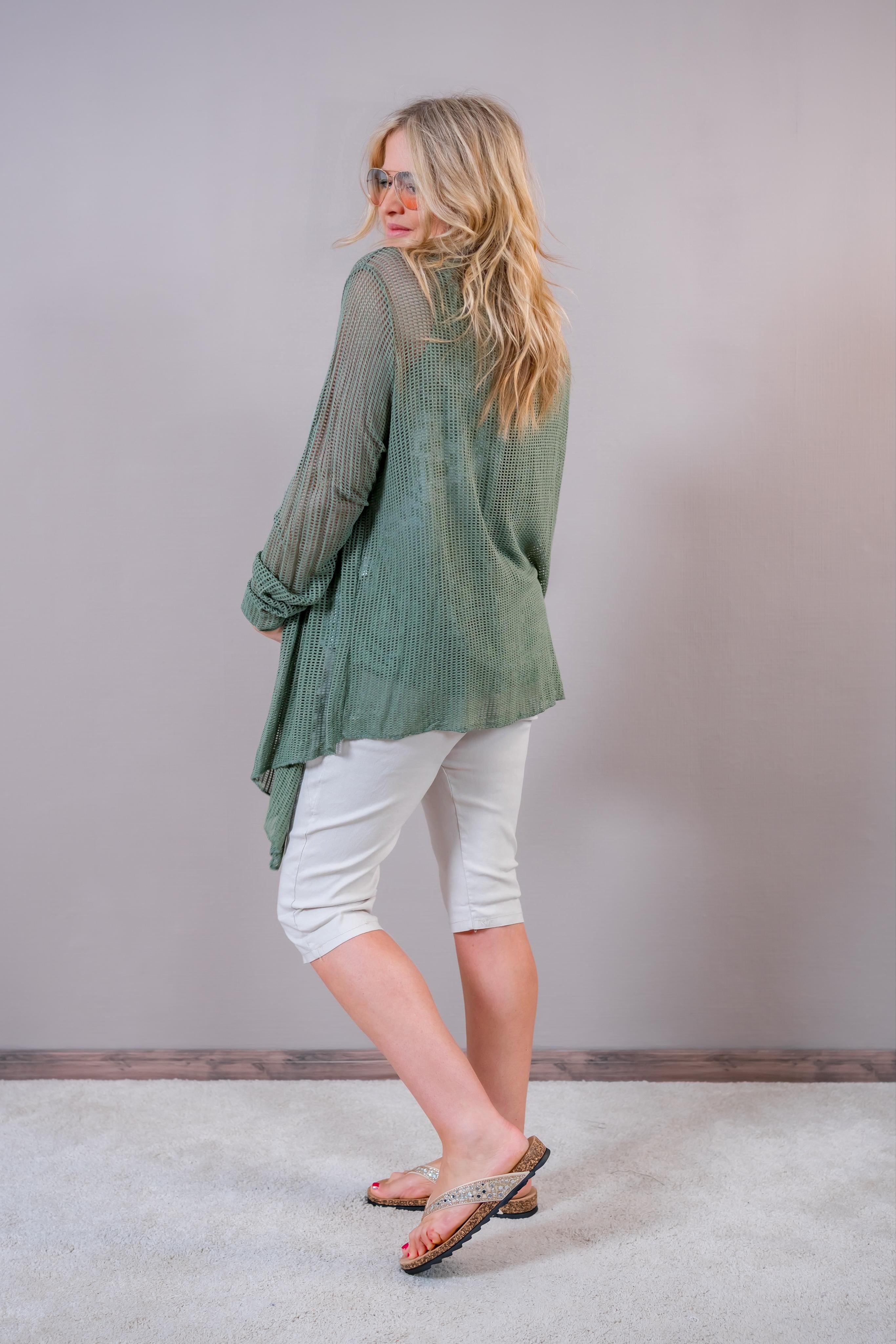 Netz-Cardigan mit Gold-Akzenten, khaki