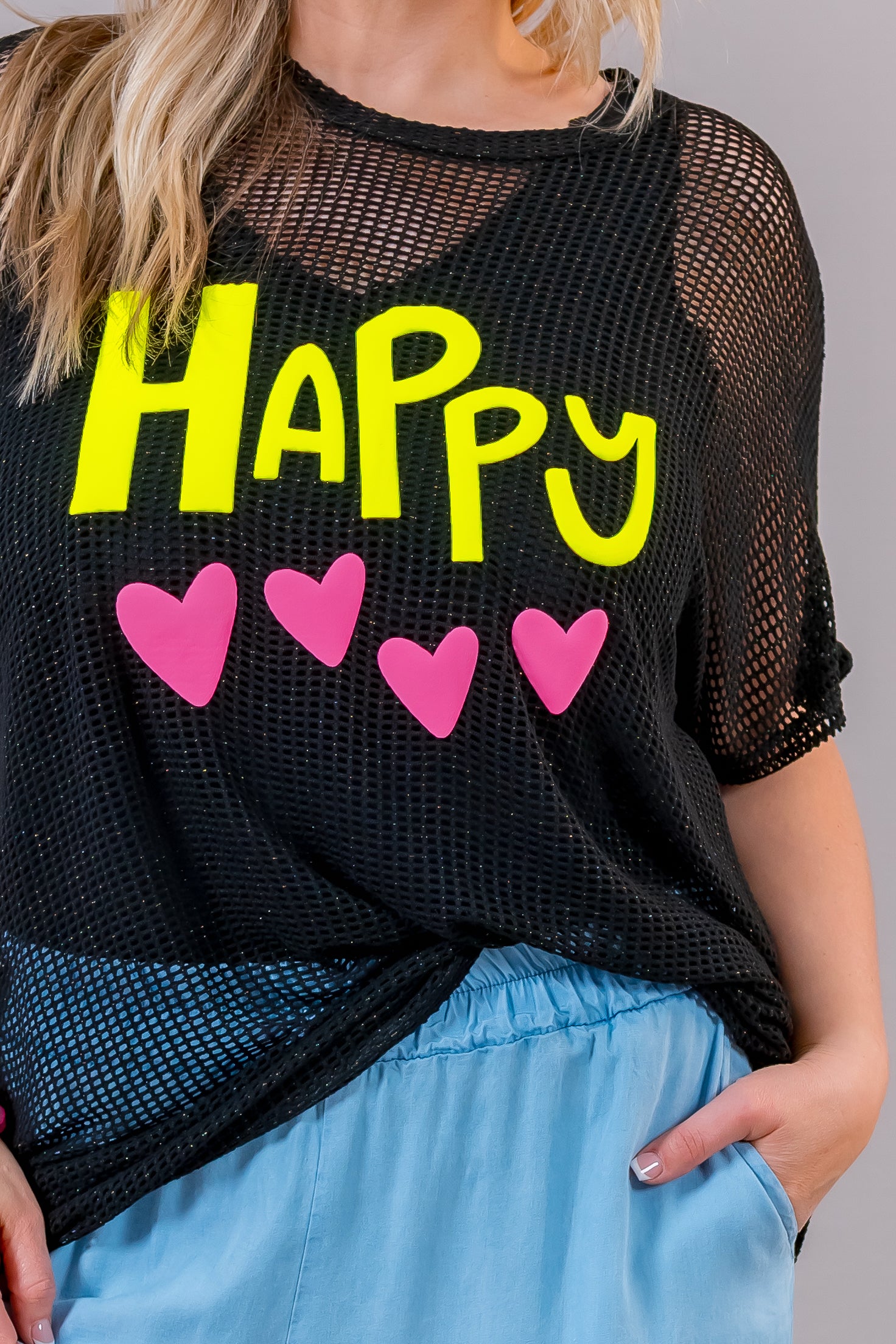 Netz-Shirt mit Print "HAPPY", schwarz