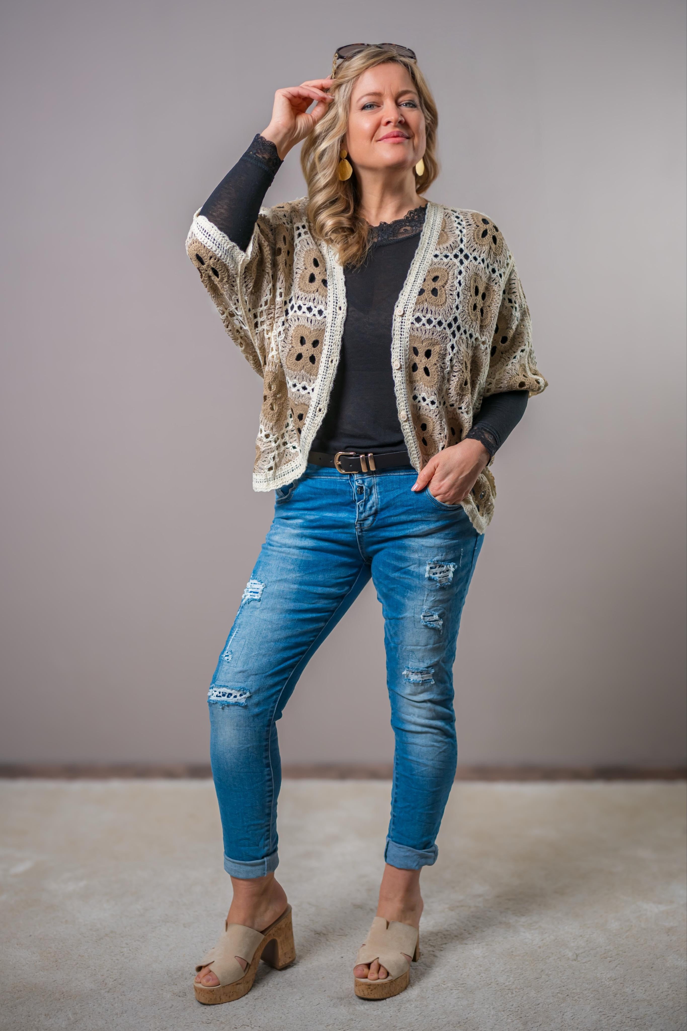 Oversize Häkeljacke mit Design, braun/beige/creme