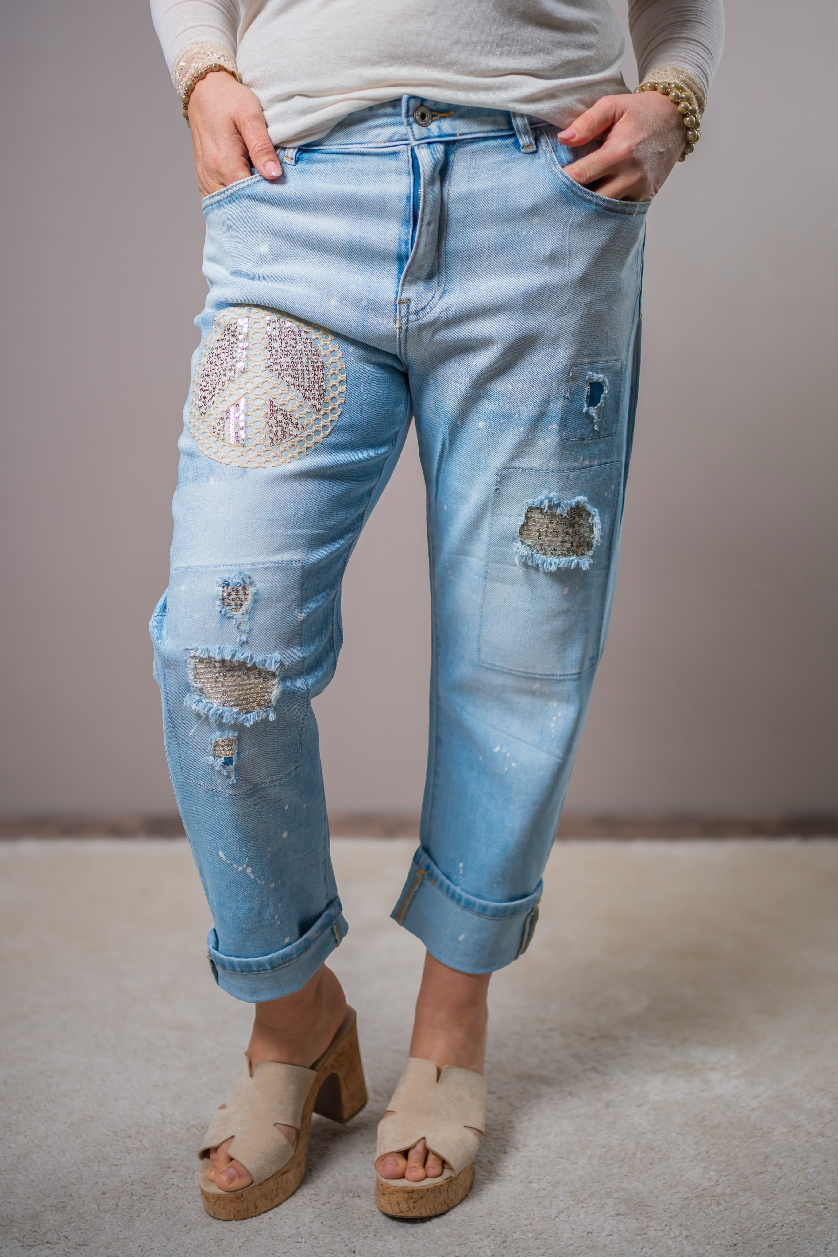 Boho Peace Jeans im Destroyed Look