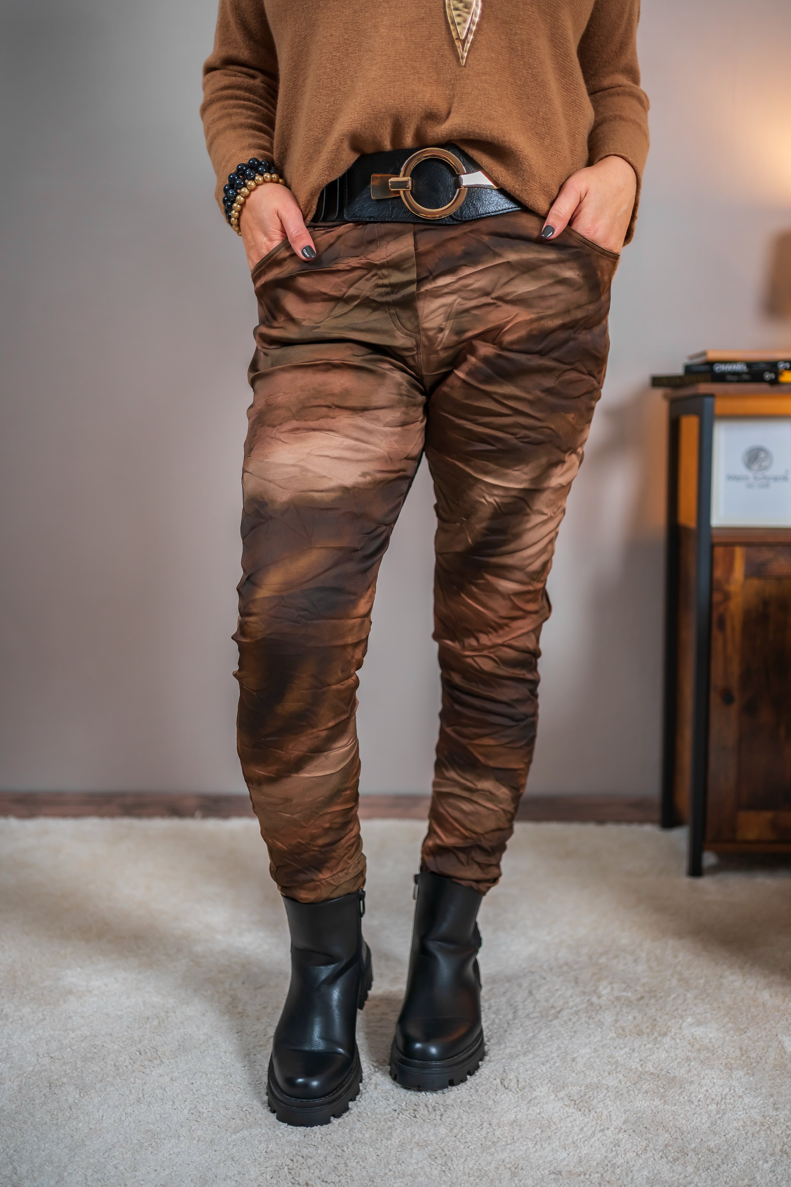 Stretchhose mit Washed-Effekt, braun/beige