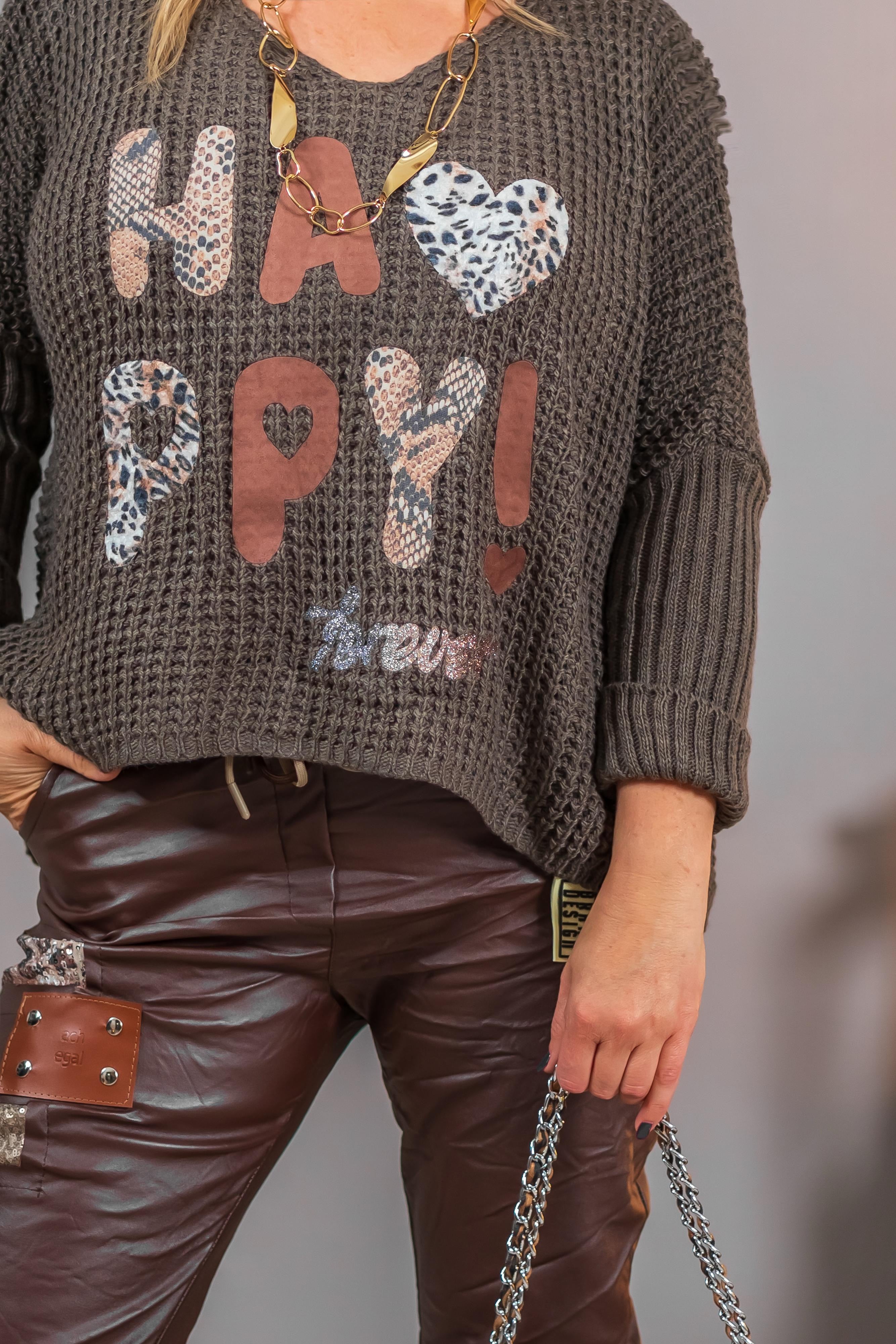 Strickpullover mit Frontprint, braun