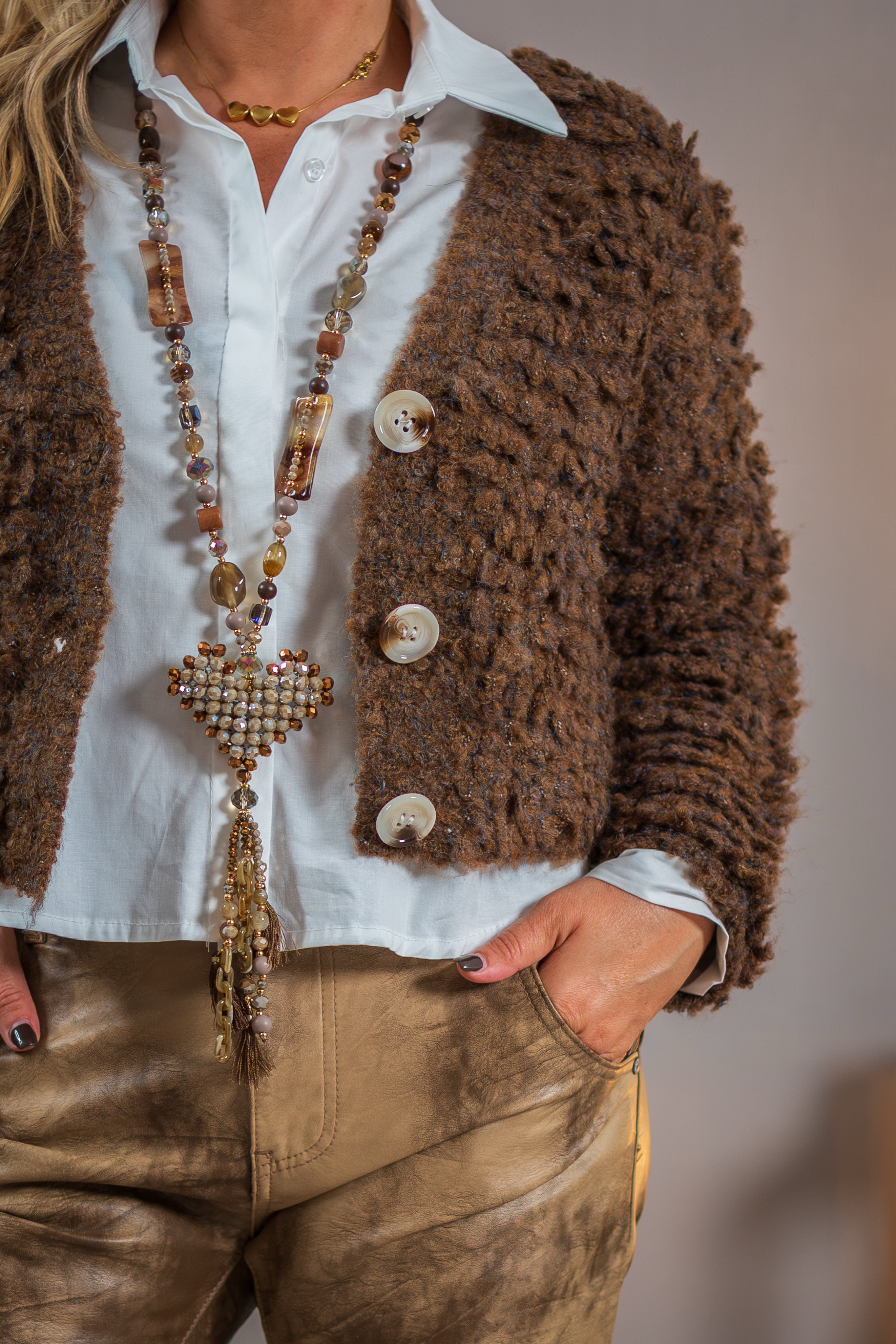 Bouclé-Strickjacke, braun